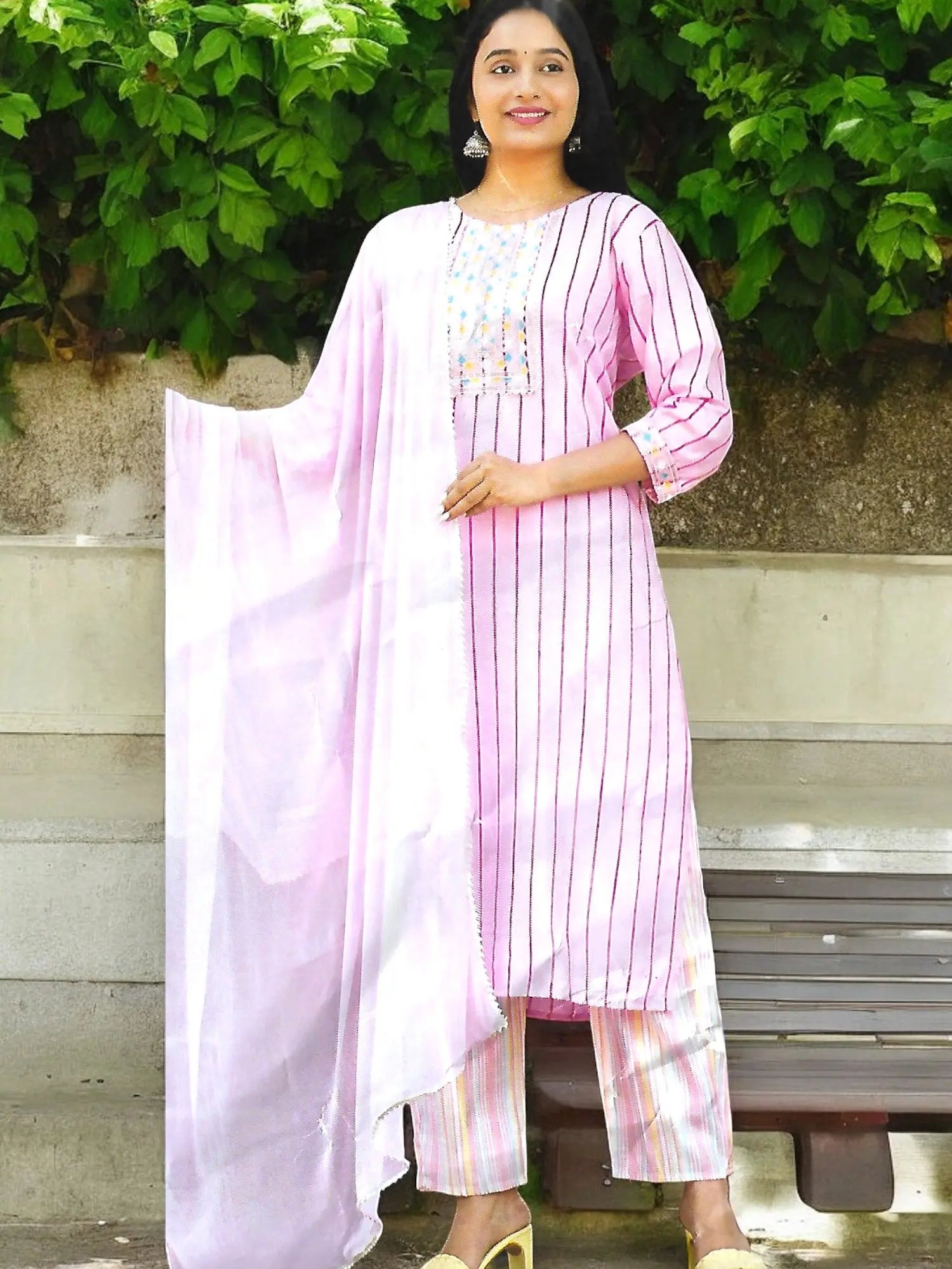 Strip Print Sequins Work Straight Kurta Palazzo Set with Dupatta Jiarah