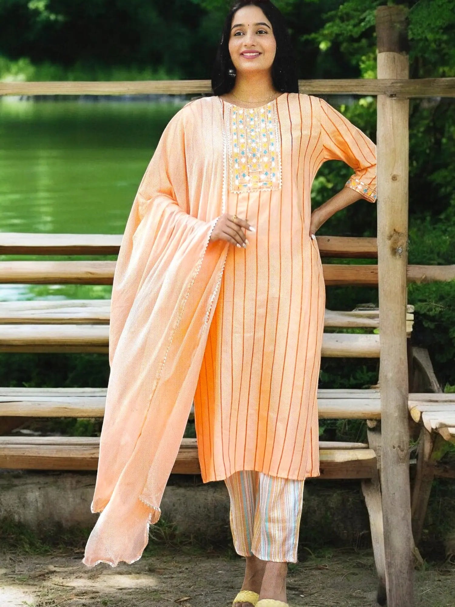 Strip Print Sequins Work Straight Kurta Palazzo Set with Dupatta Jiarah