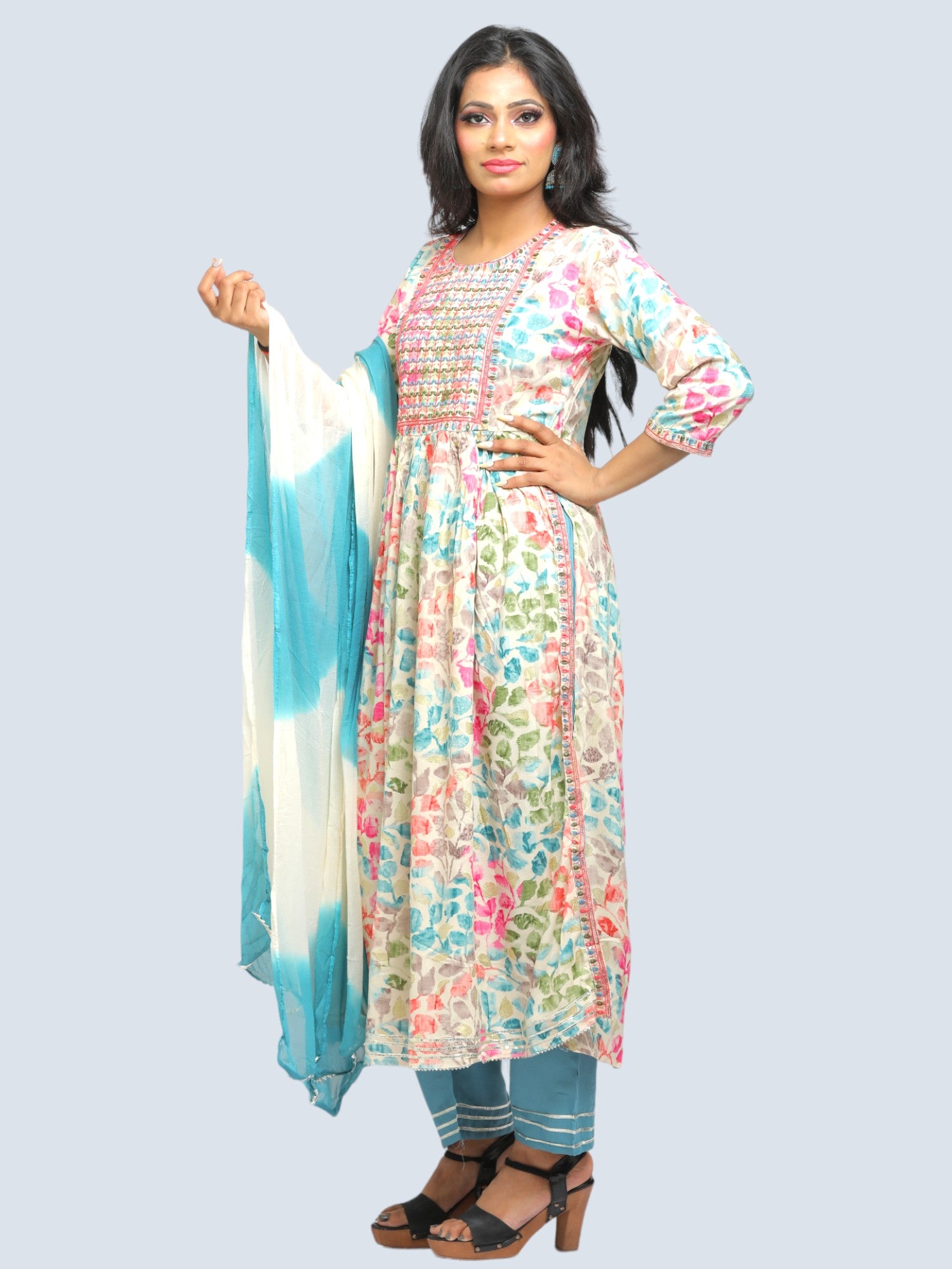 Jiarah Floral Print Sequins Work Kurta Set with Dupatta