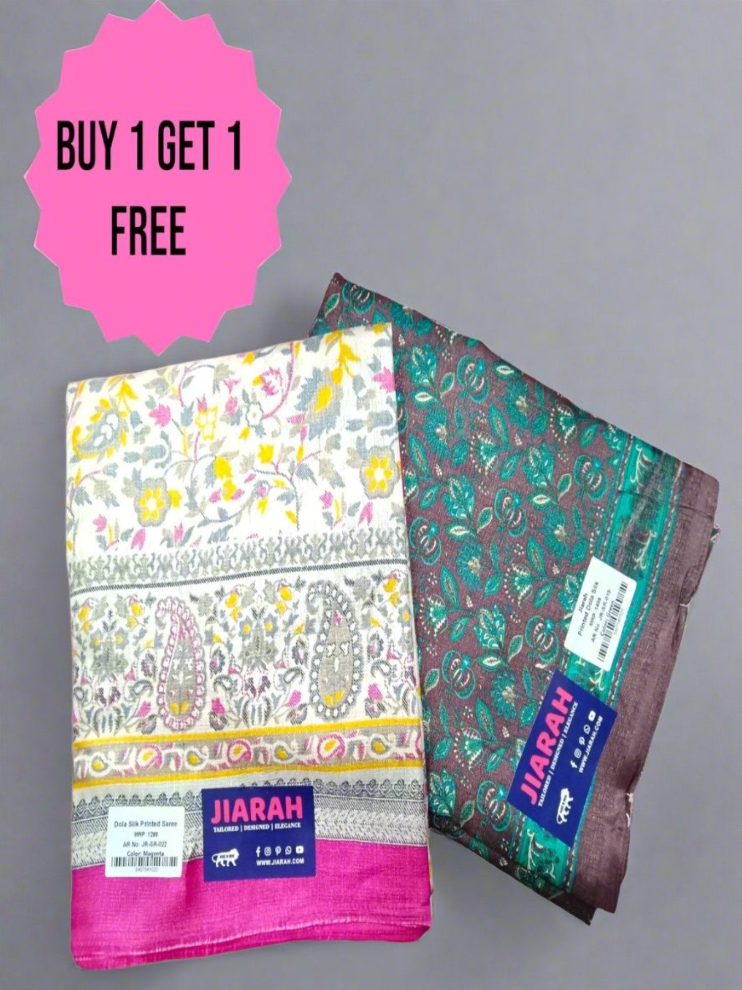 Jiarah Printed Dola Silk Saree Buy 1 Get 1 Free - Pink