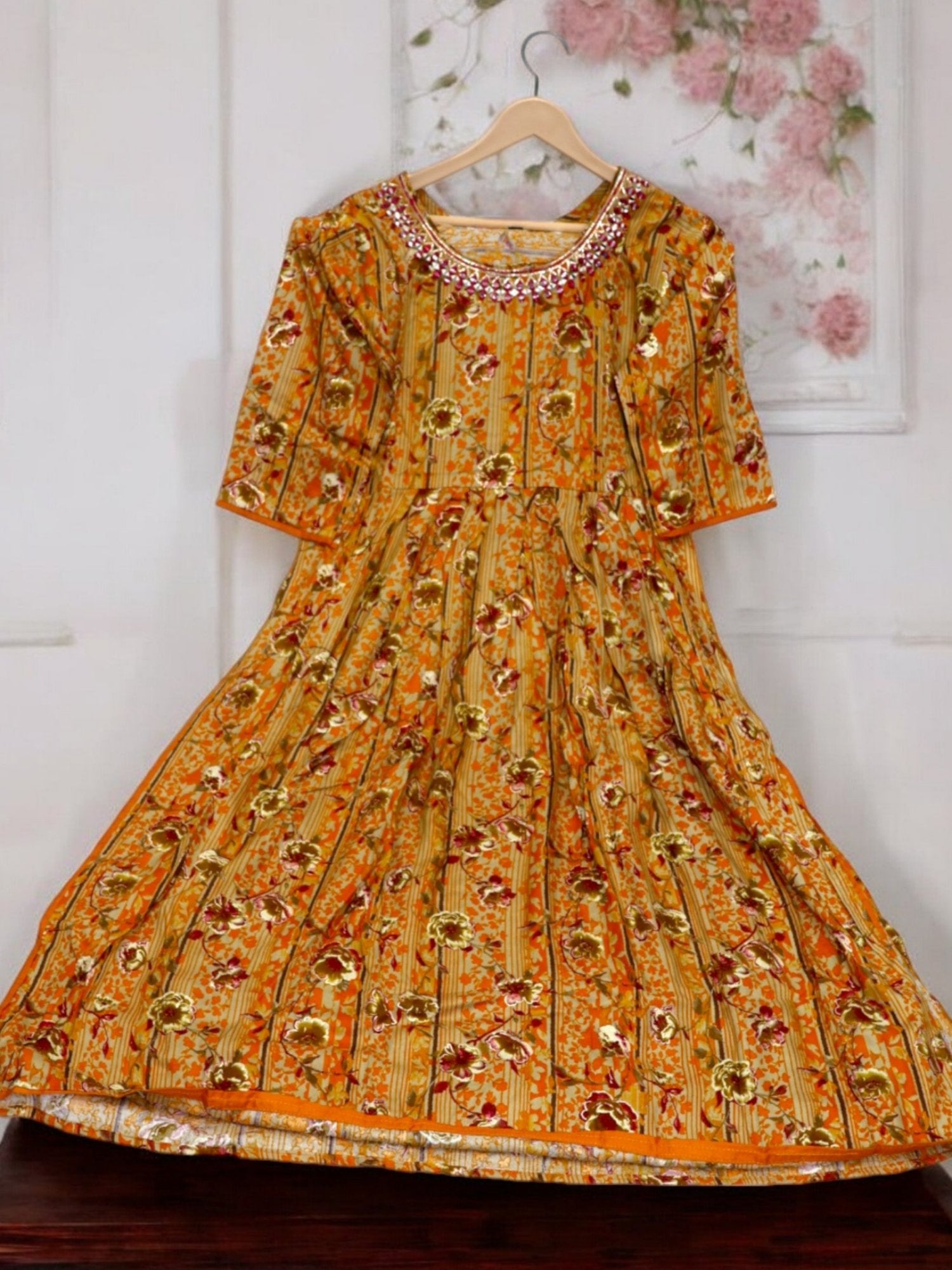 Jiarah Foil Print Mirror Work Rayon Kurta Palazzo Set with Belt and Dupatta