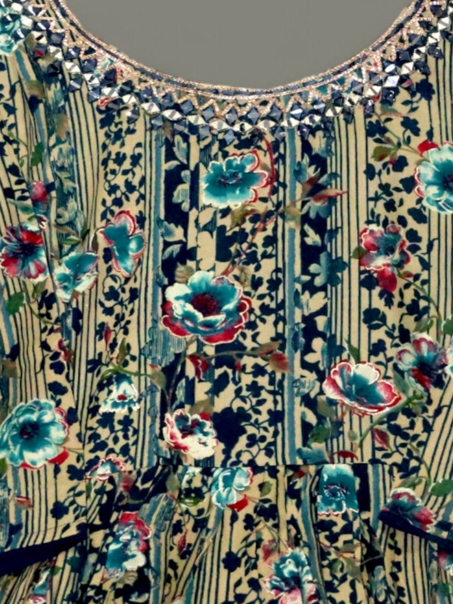 Jiarah Foil Print Mirror Work Rayon Kurta Palazzo Set with Belt and Dupatta