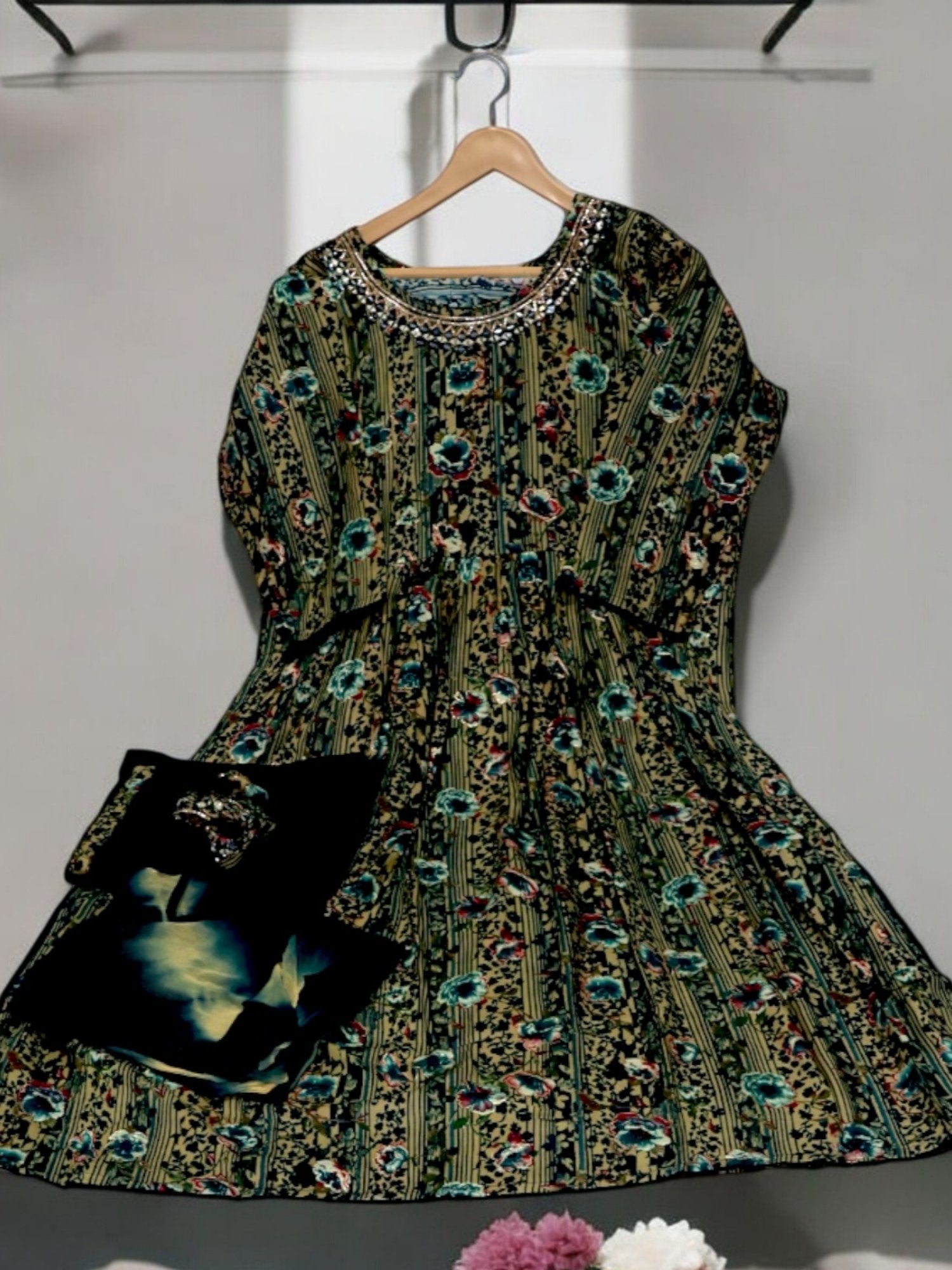 Jiarah Foil Print Mirror Work Rayon Kurta Palazzo Set with Belt and Dupatta