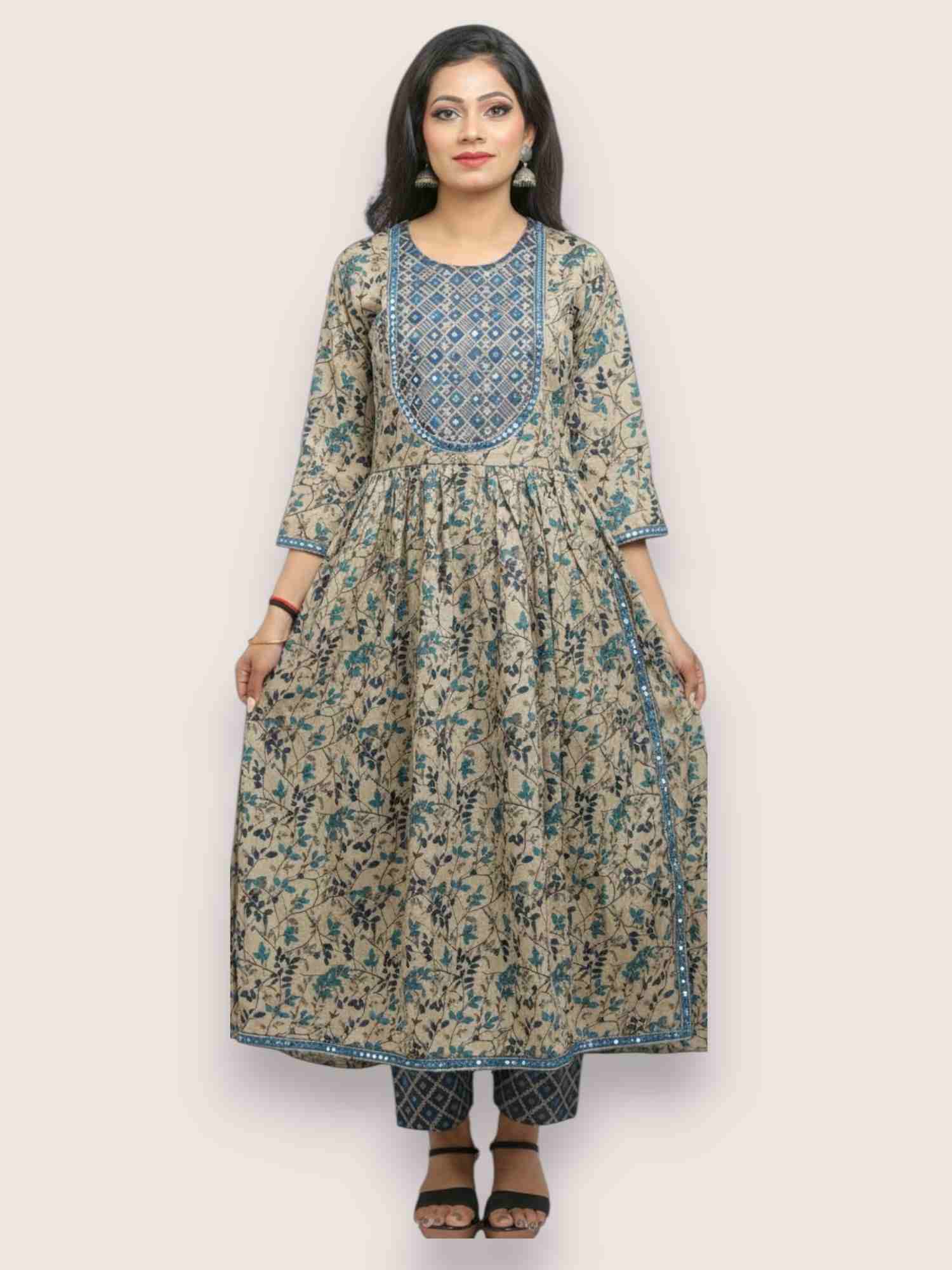 Jiarah A- Line Printed Cotton Straight Kurta Palazzo Set with Dupatta