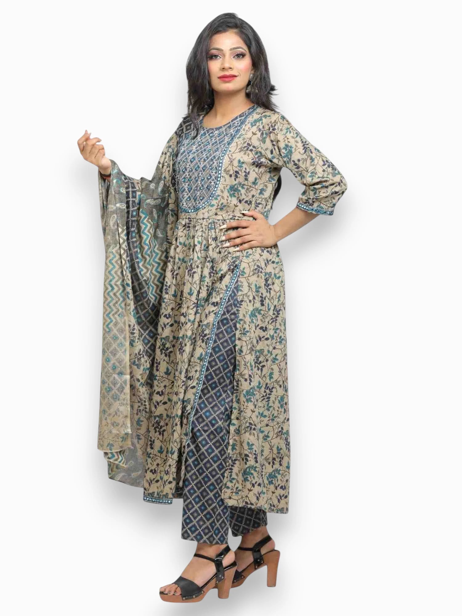Jiarah A- Line Printed Cotton Straight Kurta Palazzo Set with Dupatta