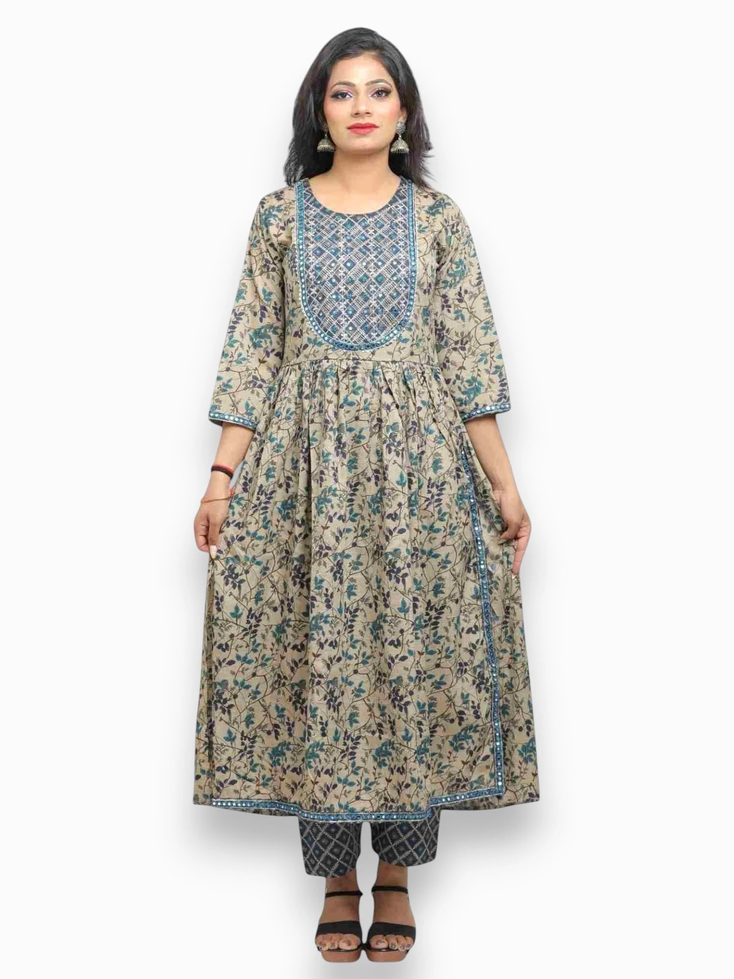 Jiarah A- Line Printed Cotton Straight Kurta Palazzo Set with Dupatta