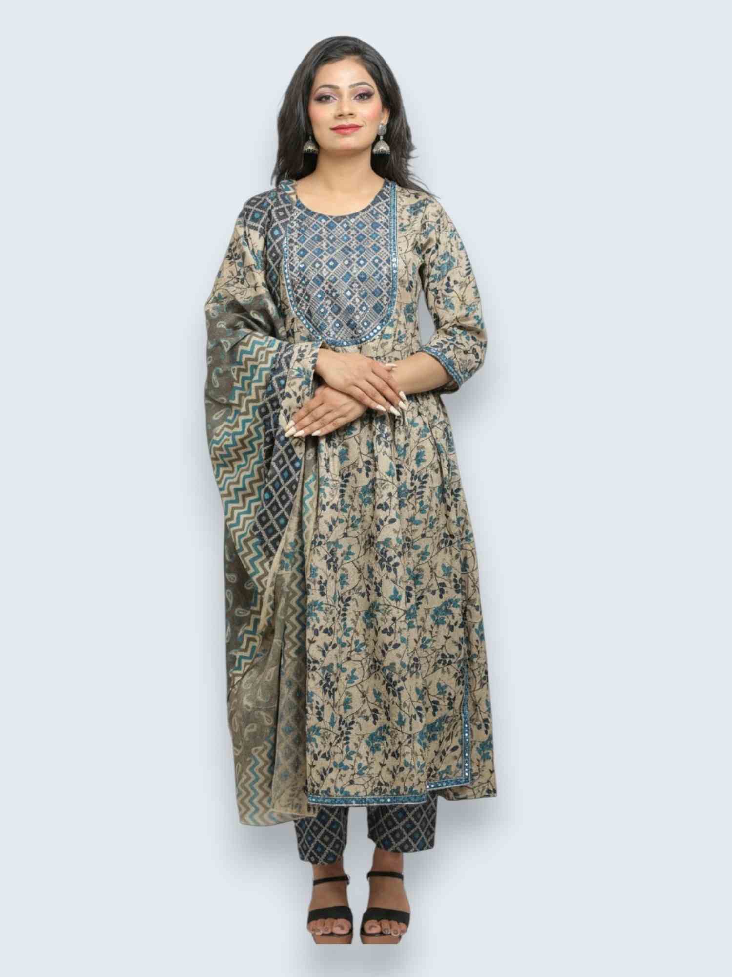 Jiarah A- Line Printed Cotton Straight Kurta Palazzo Set with Dupatta