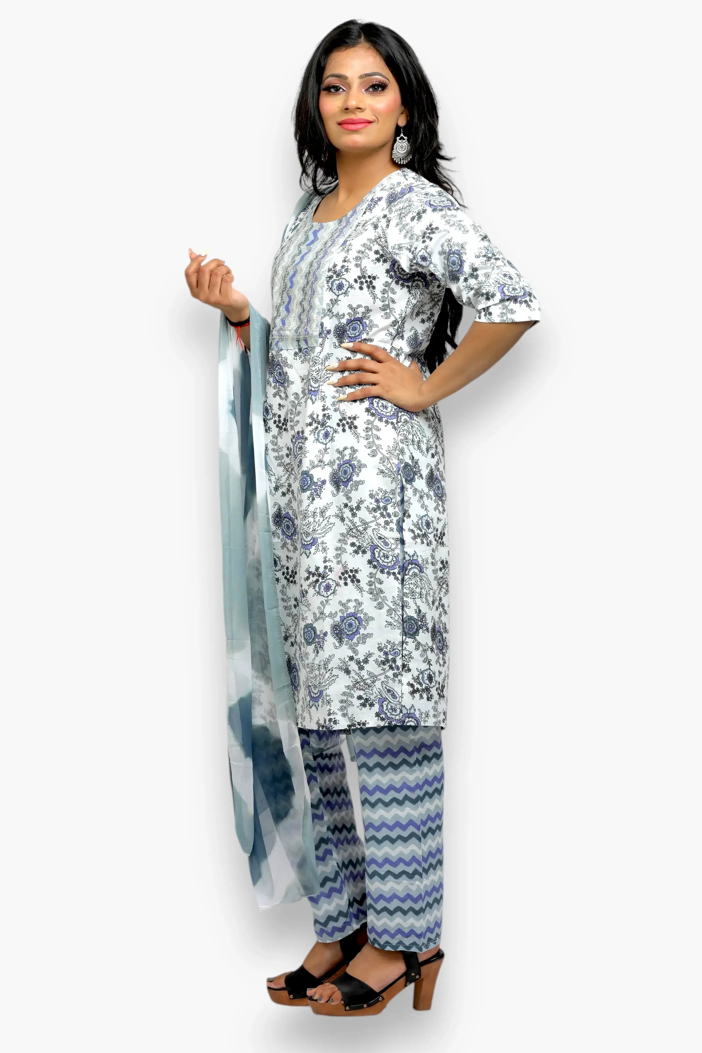 Jiarah A- Line Printed Straight Kurta Palazzo Set with Dupatta