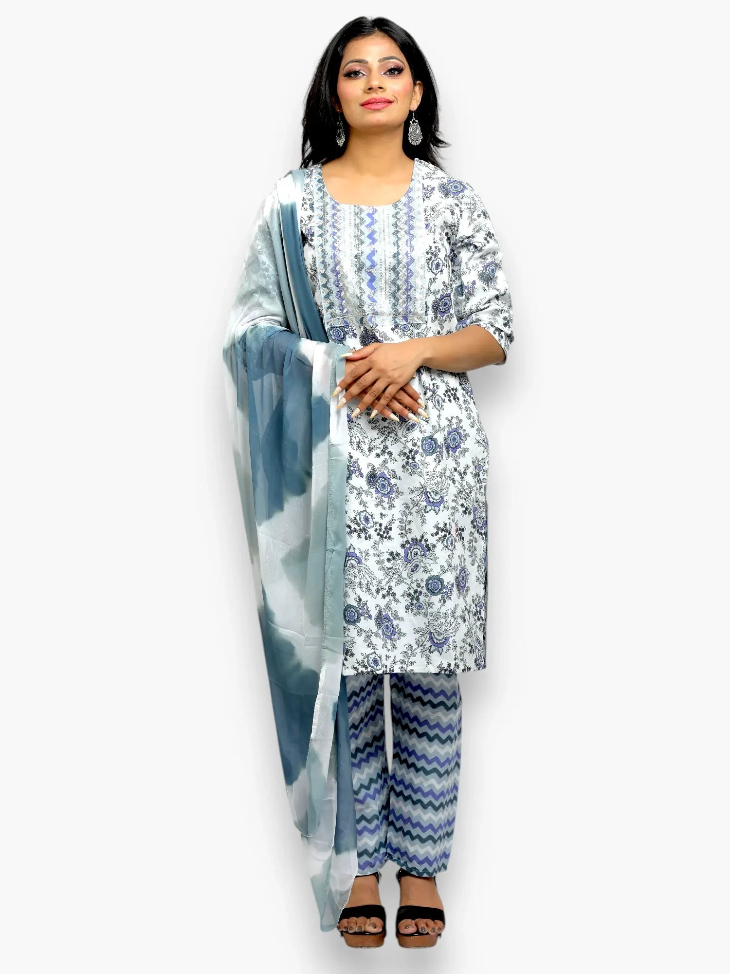 Jiarah A- Line Printed Straight Kurta Palazzo Set with Dupatta