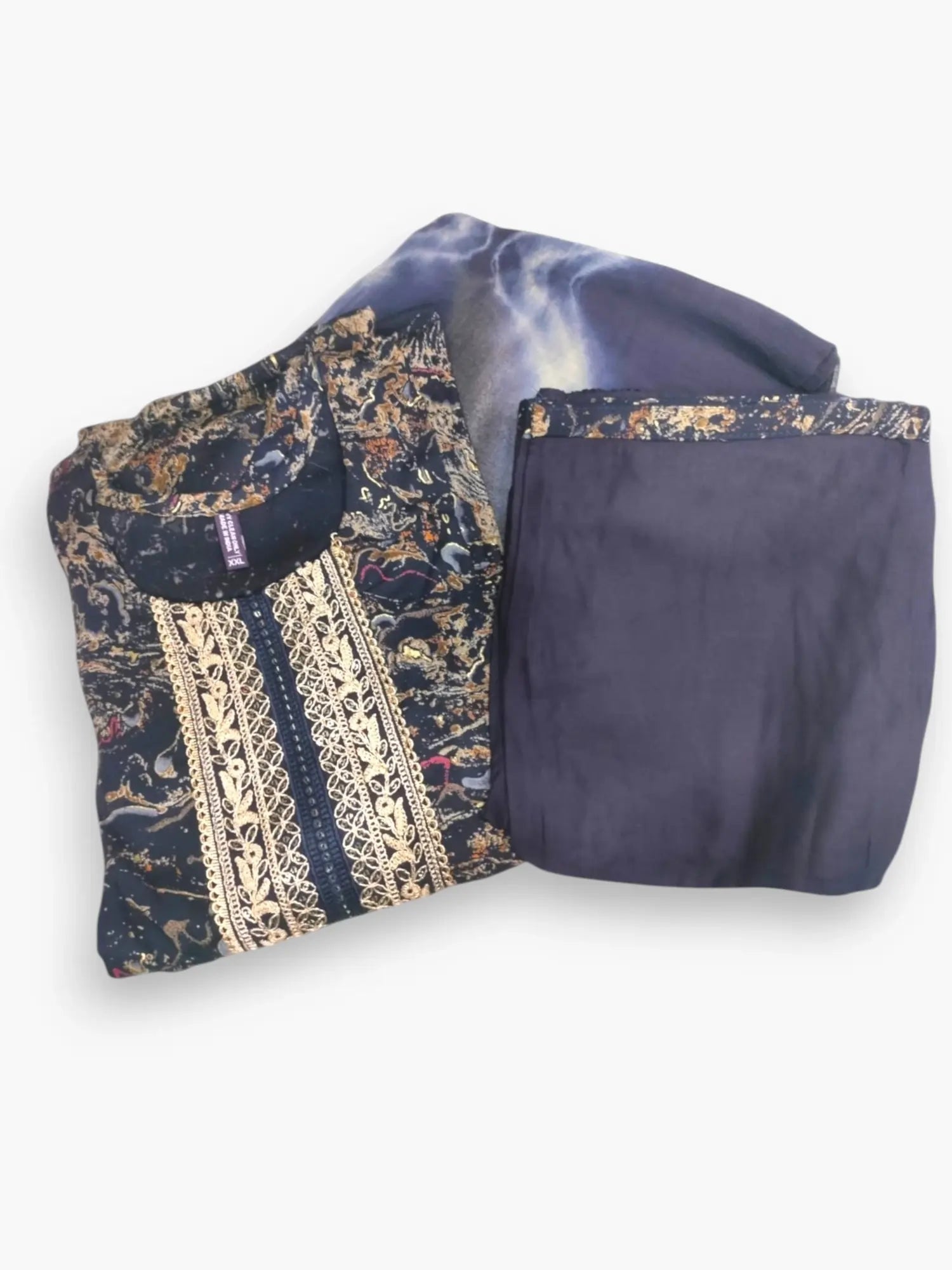 Jiarah Abstract Foil Print Handwork Rayon Kurta Pant Set with Dupatta