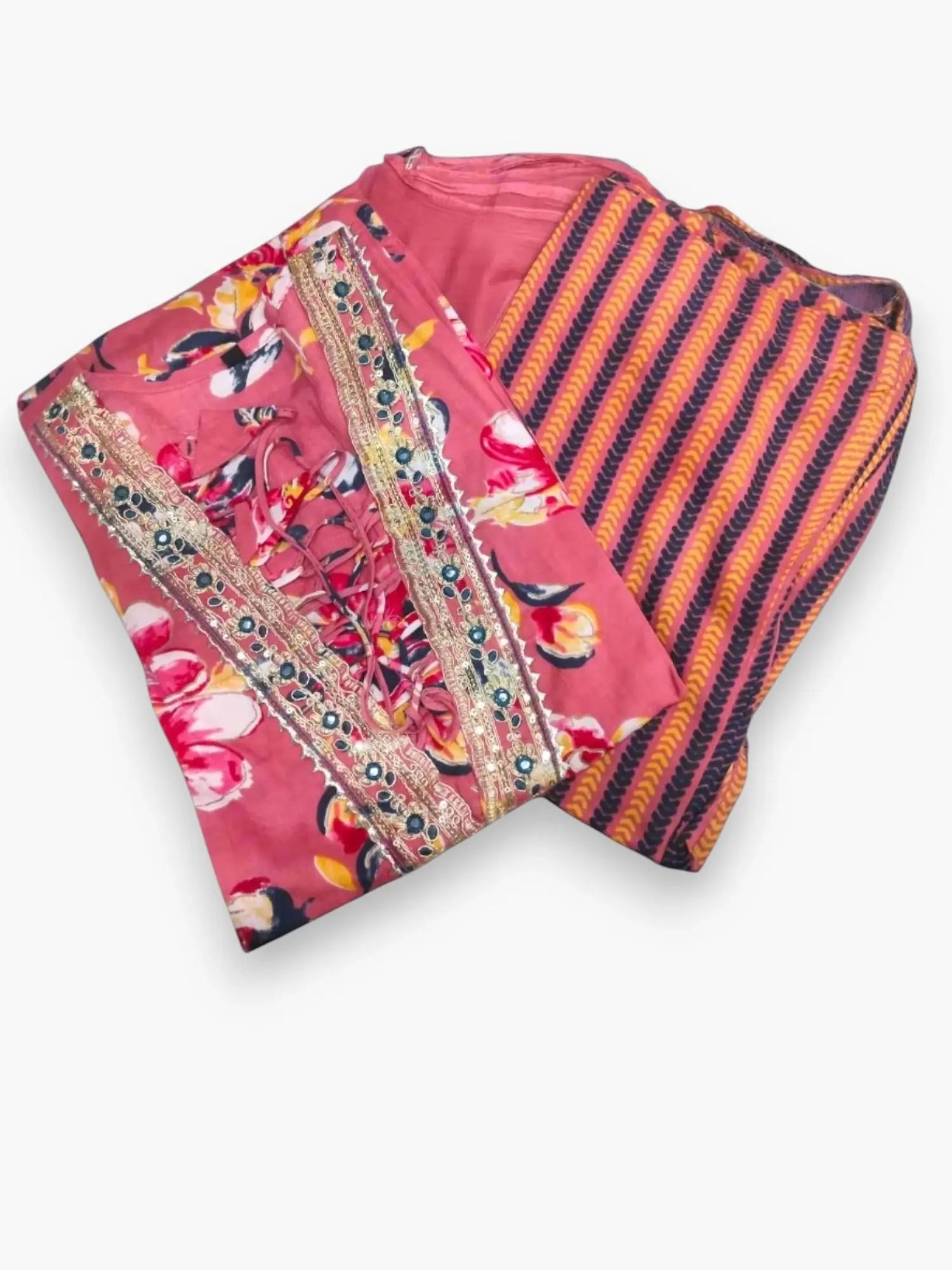 Jiarah Abstract Print Embroidery Cotton Kurta Palazzo Set with Dupatta