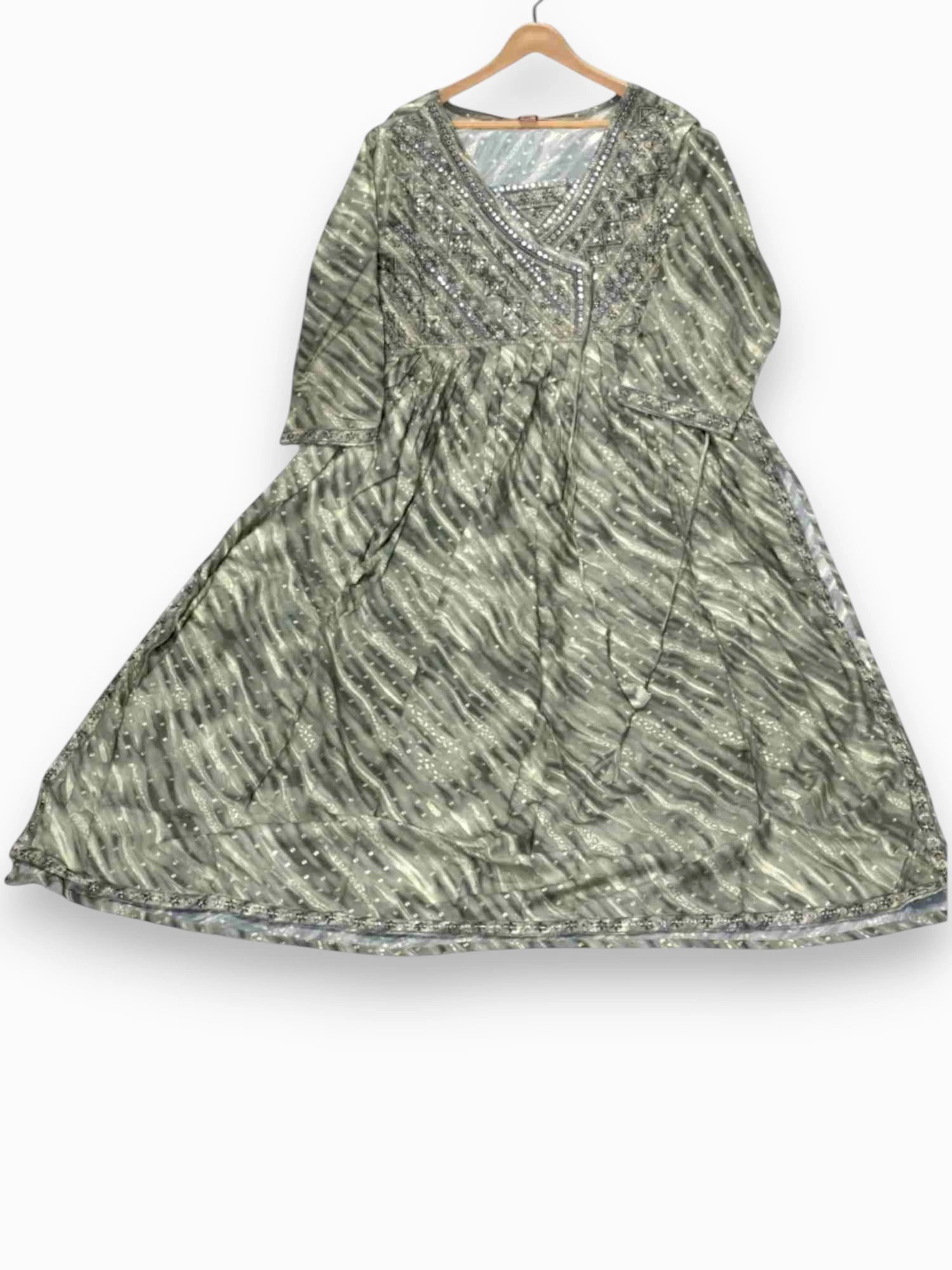 Jiarah Angrakha Lehriya Flared Rayon Kurta Set with Dupatta