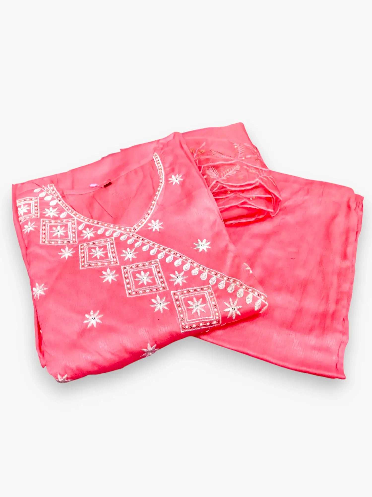 Jiarah Angrakha Thread Work Silk Kurta Pant Set with Organza Dupatta