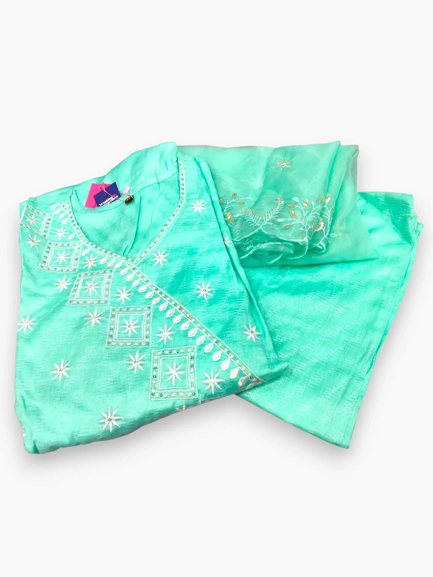 Jiarah Angrakha Thread Work Silk Kurta Pant Set with Organza Dupatta