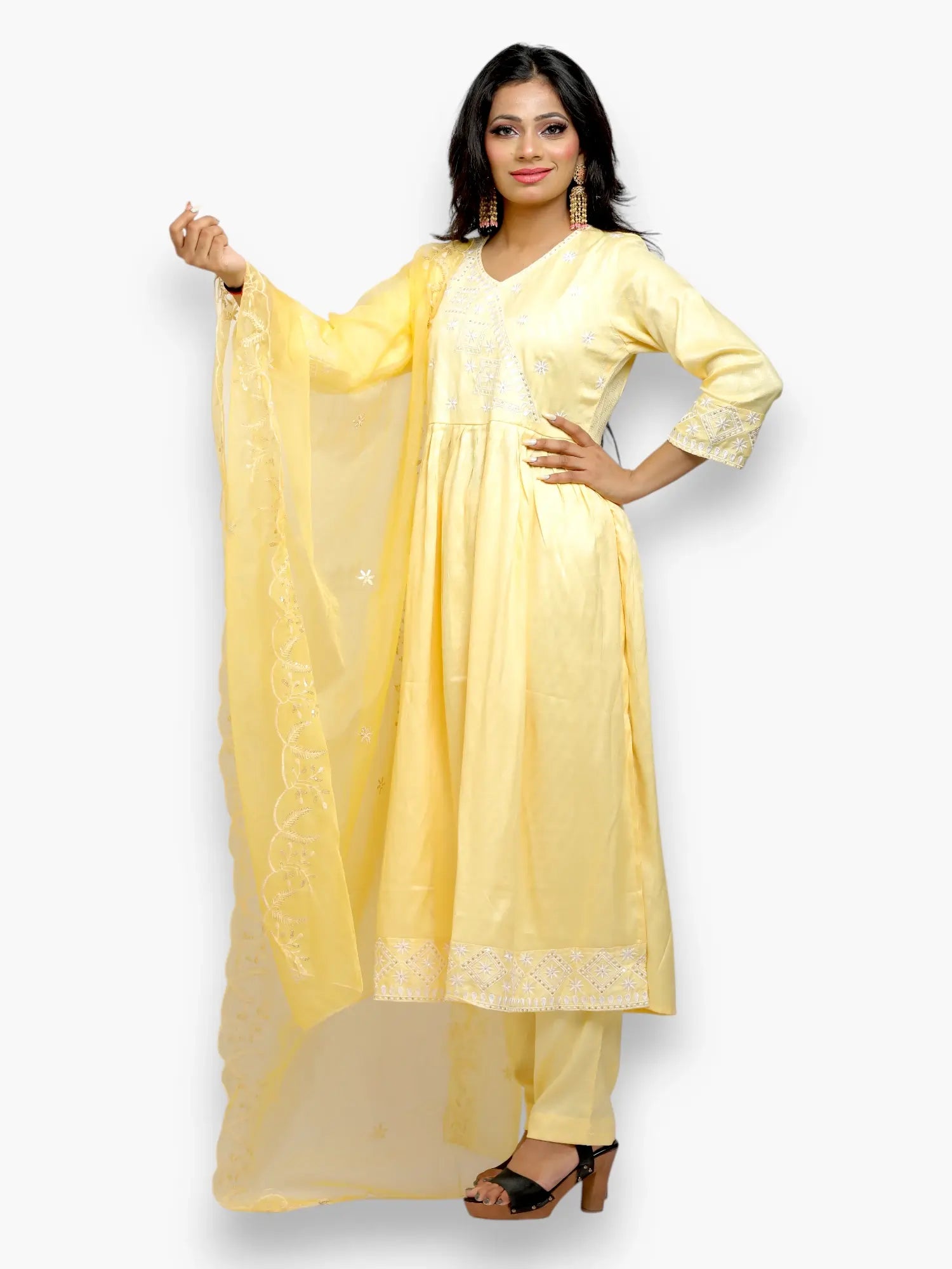 Jiarah Angrakha Thread Work Silk Kurta Pant Set with Organza Dupatta