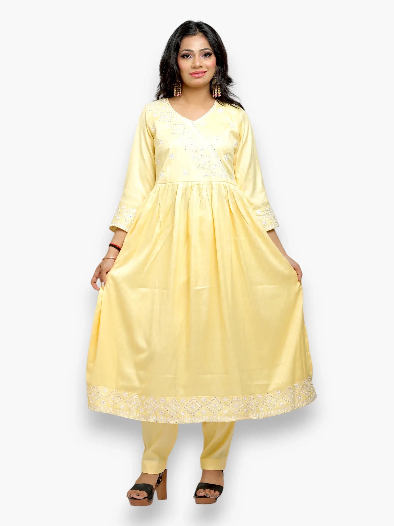 Jiarah Angrakha Thread Work Silk Kurta Pant Set with Organza Dupatta