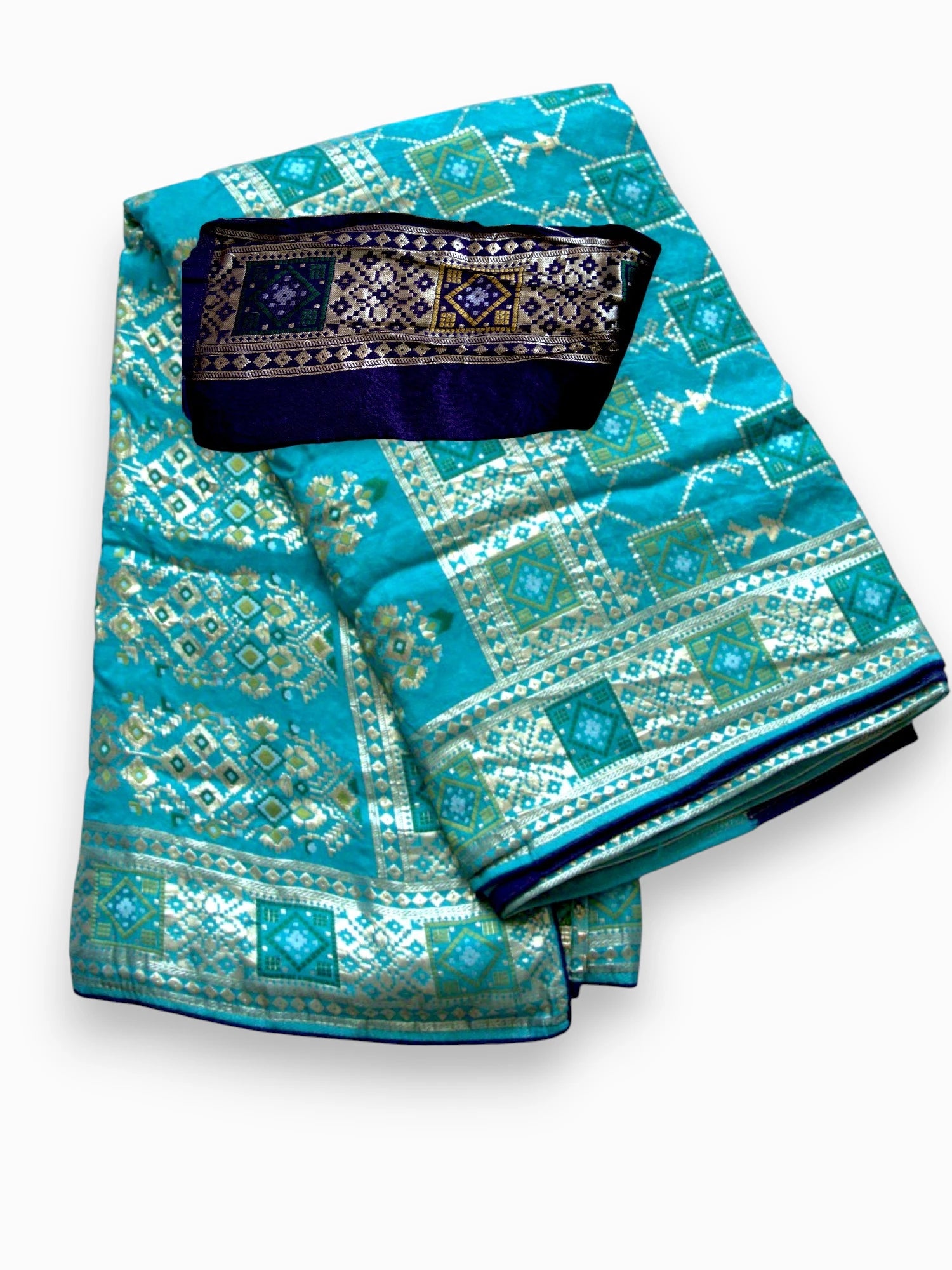 Jiarah Bandhej Patola Minakari Work Silk Saree-Blue