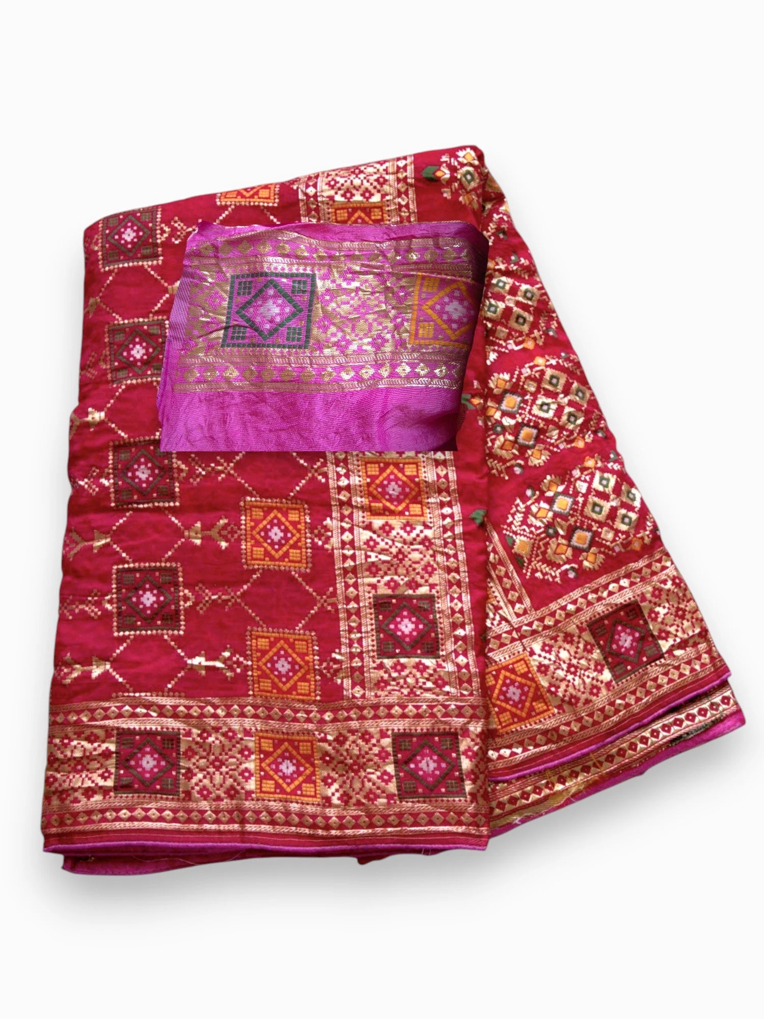 Jiarah Bandhej Patola Minakari Work Silk Saree-Pink