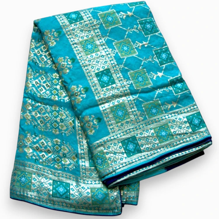 Jiarah Bandhej Patola Minakari Work Silk Saree-Blue