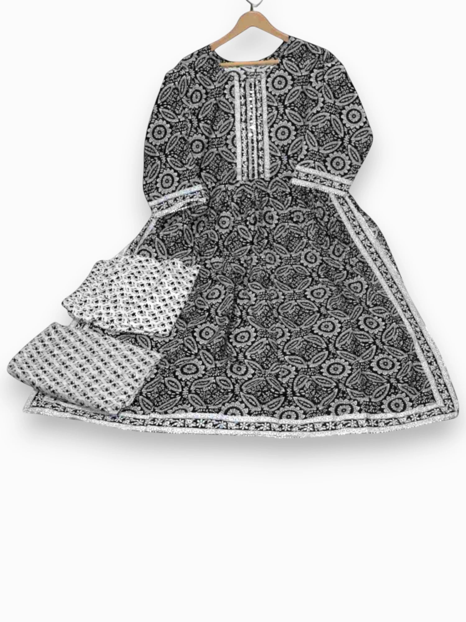 Jiarah Block Print Flared Pure Cotton Kurta Set with Dupatta Black