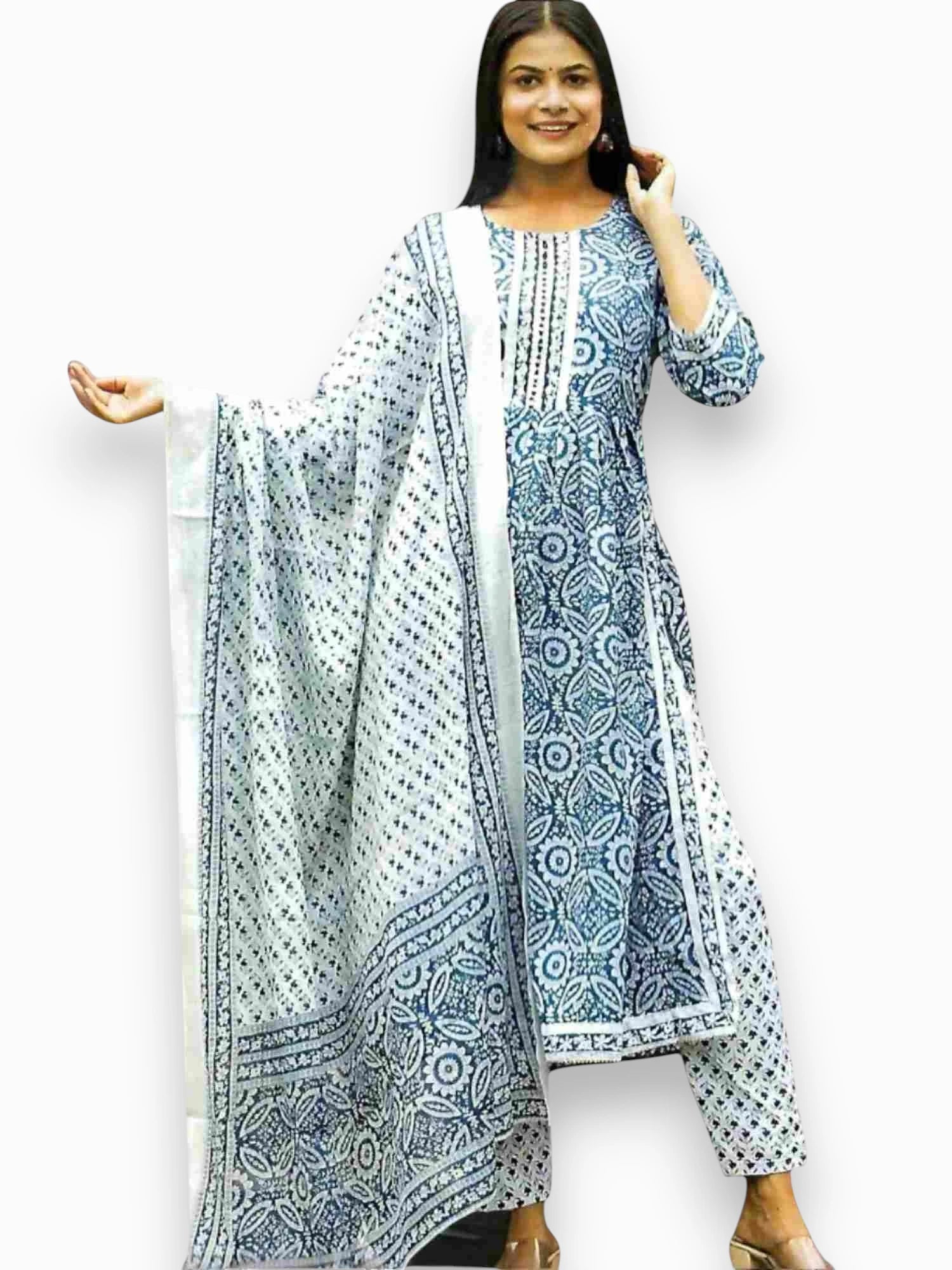 Jiarah Block Print Flared Pure Cotton Kurta Set with Dupatta Blue