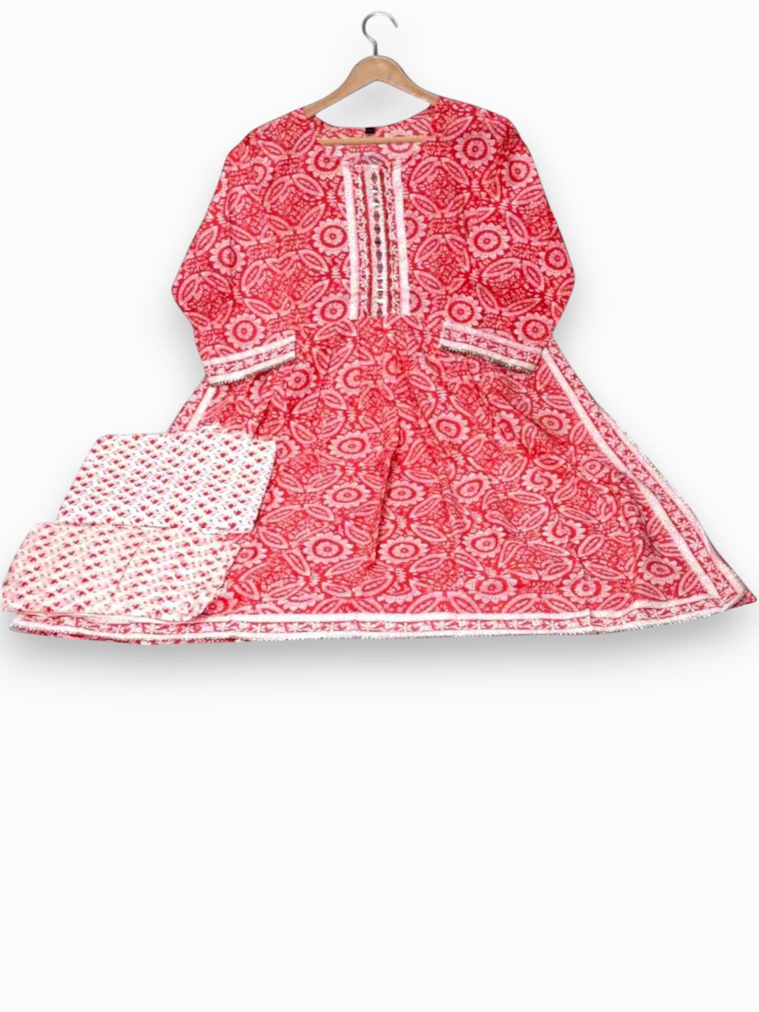 Jiarah Block Print Flared Pure Cotton Kurta Set with Dupatta Red