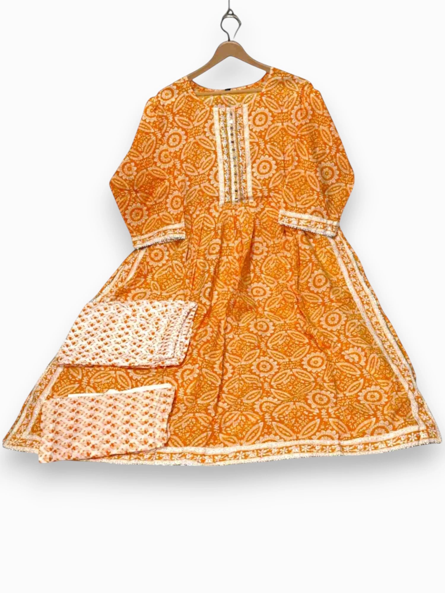 Jiarah Block Print Flared Pure Cotton Kurta Set with Dupatta Yellow