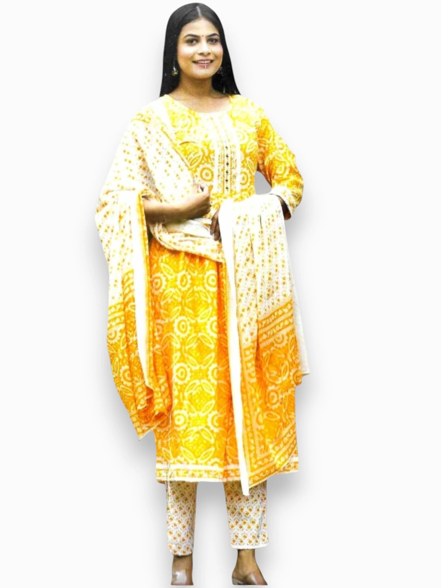 Jiarah Block Print Flared Pure Cotton Kurta Set with Dupatta Yellow