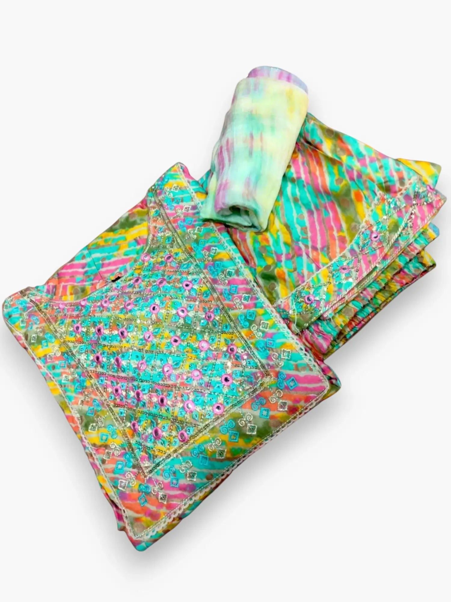 Jiarah Embroidery Lehriya Print Kurta Pant Set with Dupatta