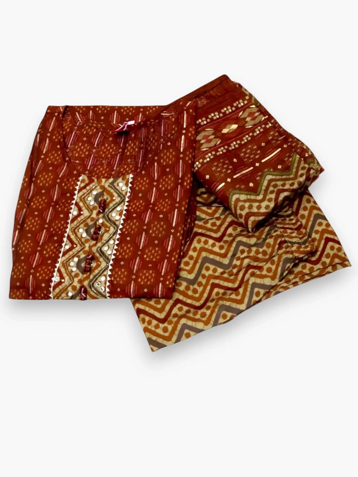 Jiarah Embroidery Work Woven Strip Pattern Cotton Kurta Pant Set with Dupatta