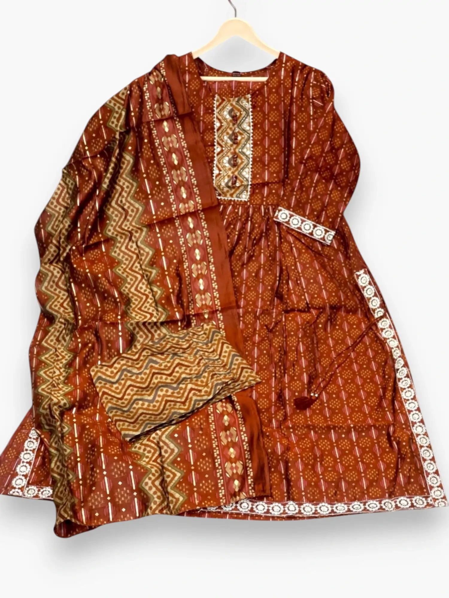 Jiarah Embroidery Work Woven Strip Pattern Cotton Kurta Pant Set with Dupatta