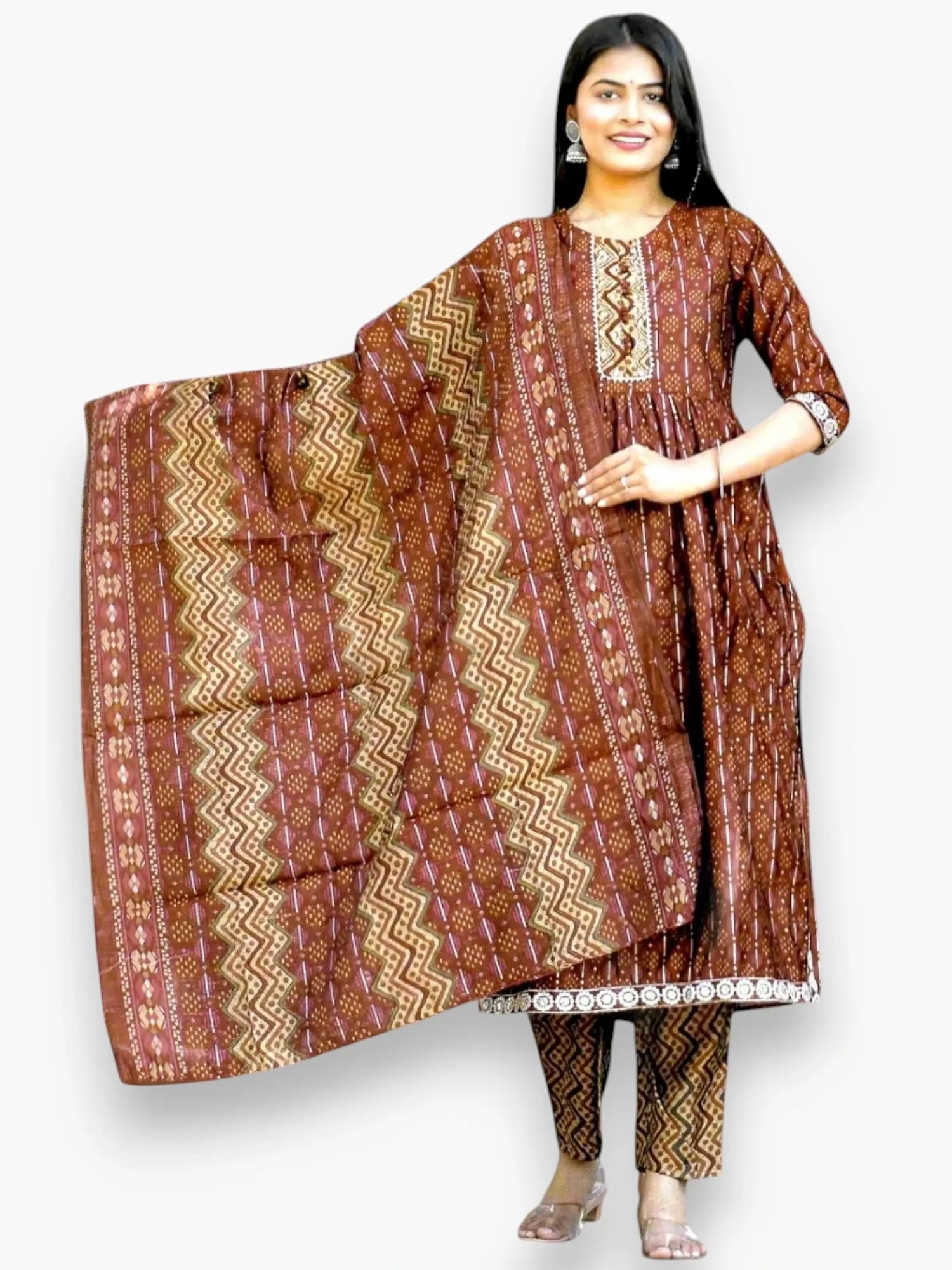Jiarah Embroidery Work Woven Strip Pattern Cotton Kurta Pant Set with Dupatta