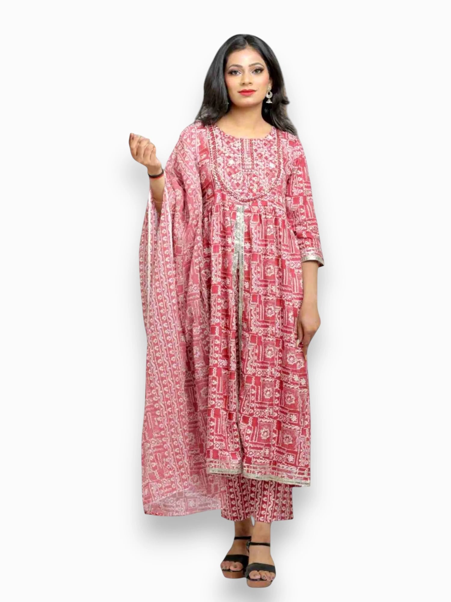 Jiarah Flared Middle Cut Pink Kurta Set with Gottapati Dupatta