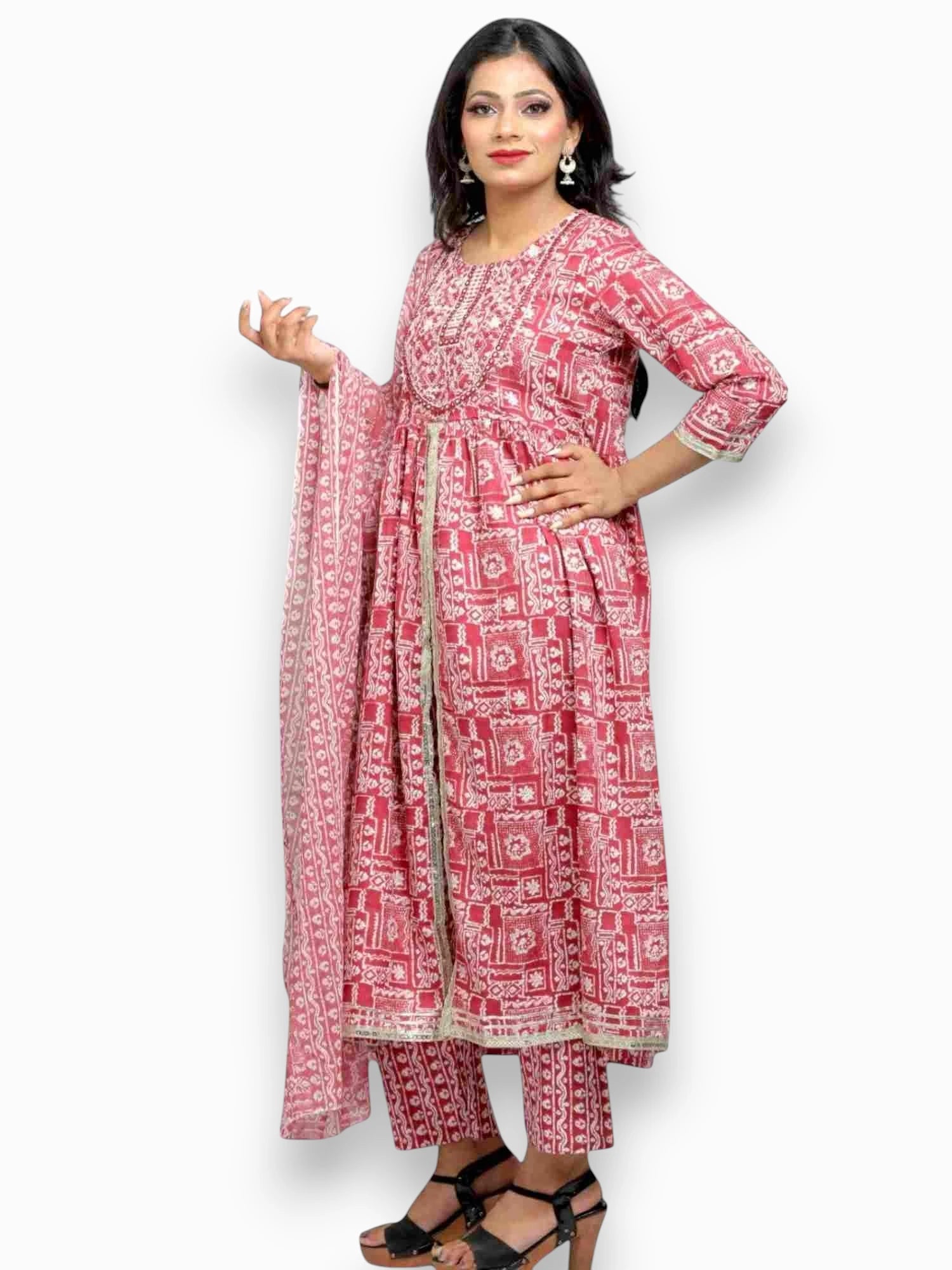 Jiarah Flared Middle Cut Pink Kurta Set with Gottapati Dupatta