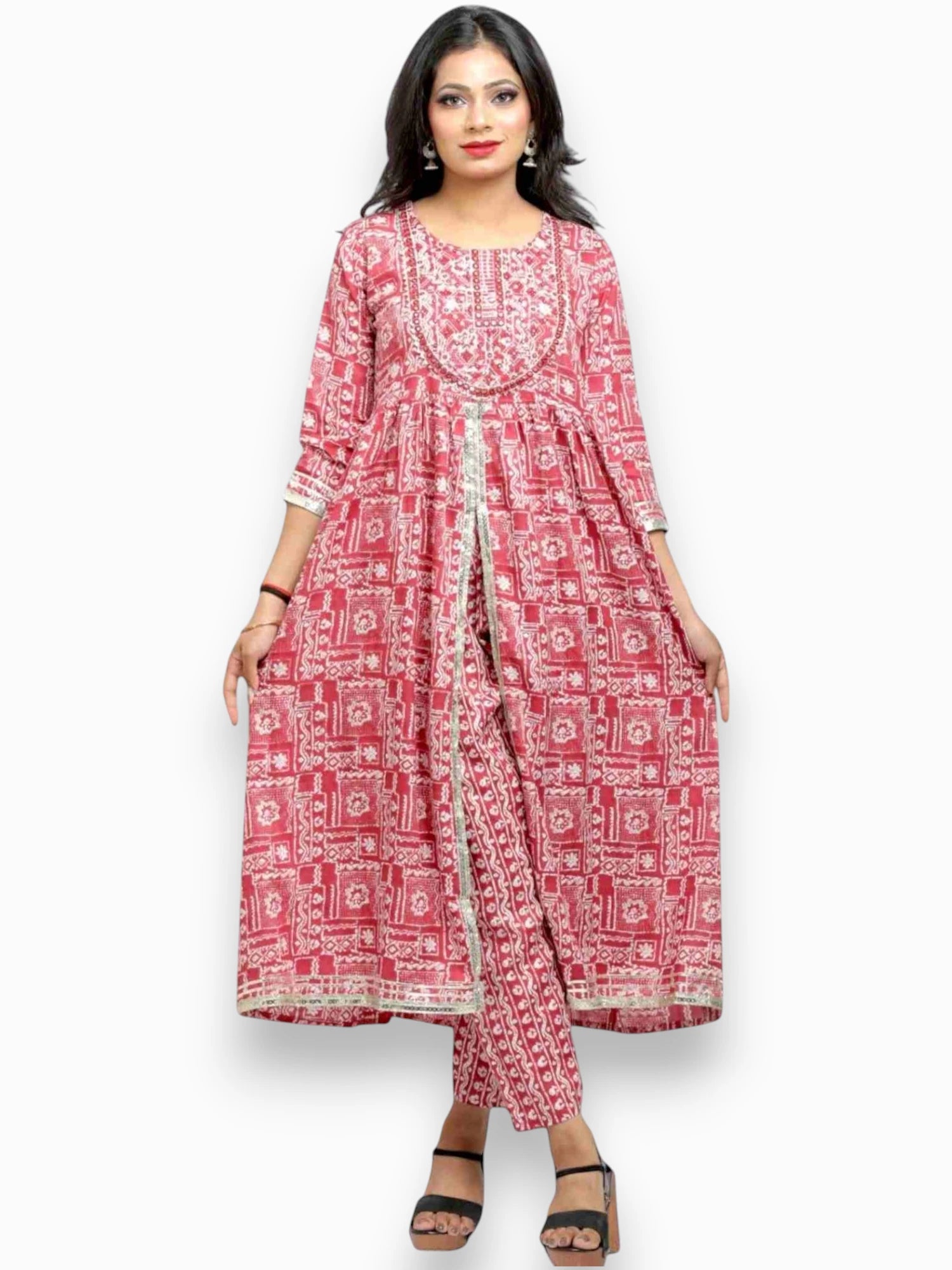 Jiarah Flared Middle Cut Pink Kurta Set with Gottapati Dupatta