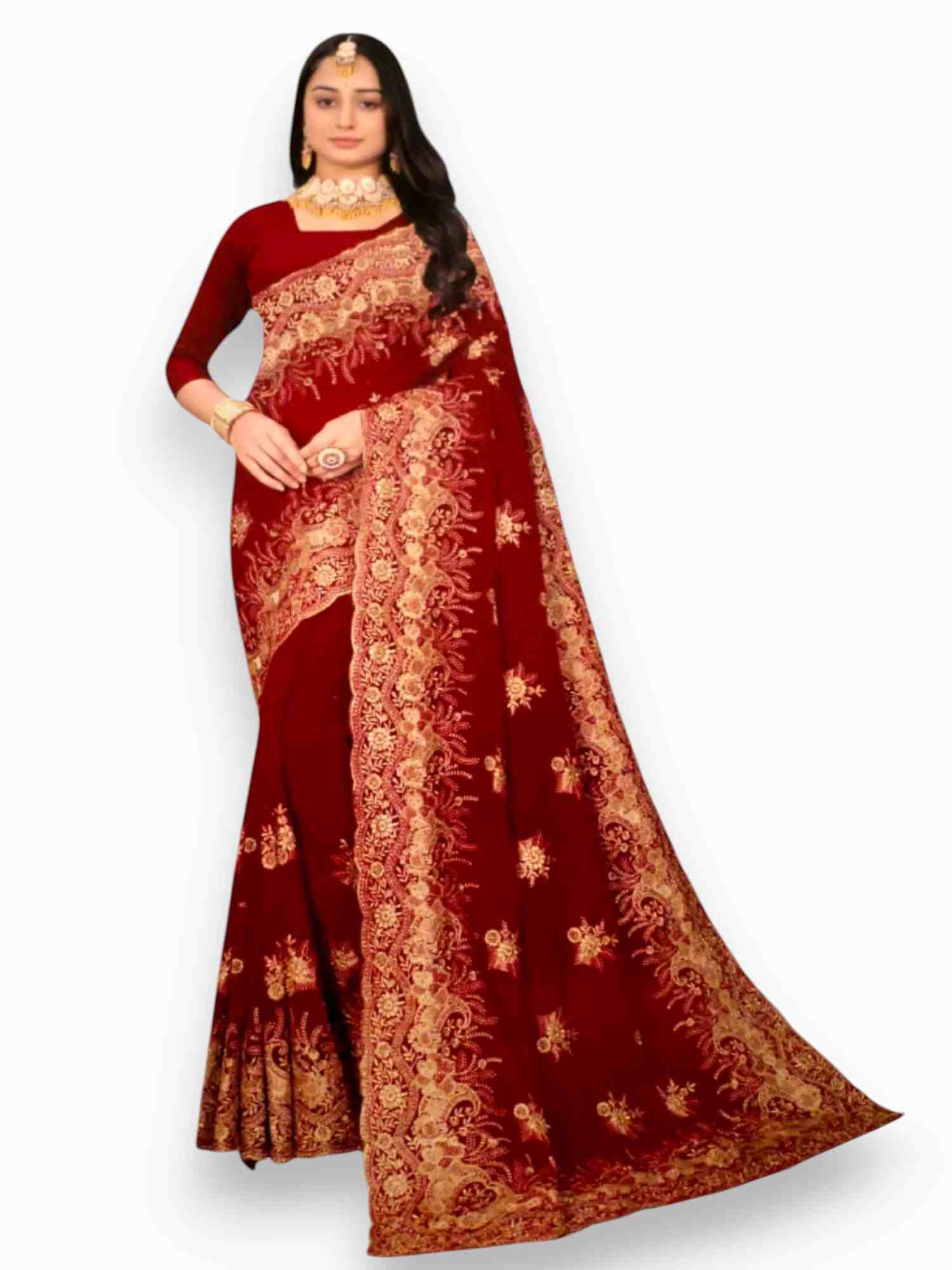 Jiarah Floral Heavy Embroidery Thread Work Georgette Red Bridal Saree