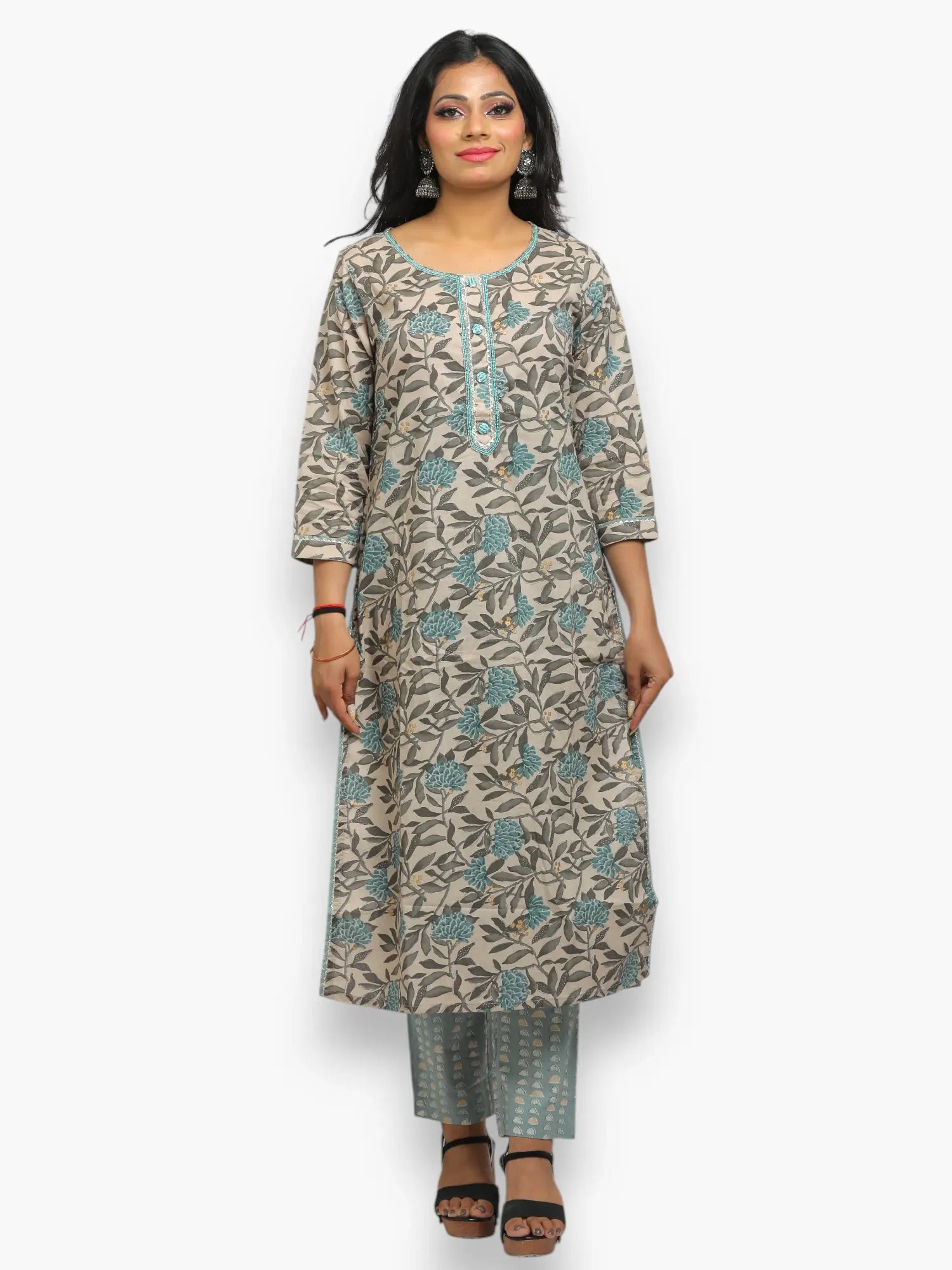 Jiarah Floral Print Pearl Handwork Cotton Kurta Set with Dupatta