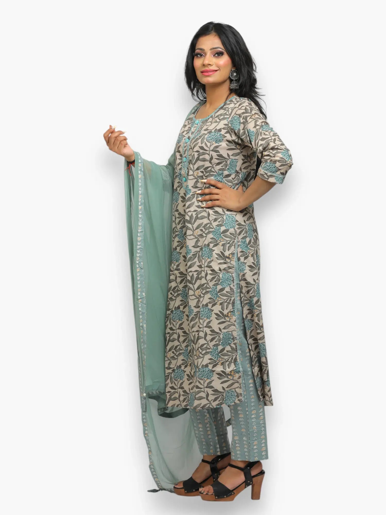 Jiarah Floral Print Pearl Handwork Cotton Kurta Set with Dupatta