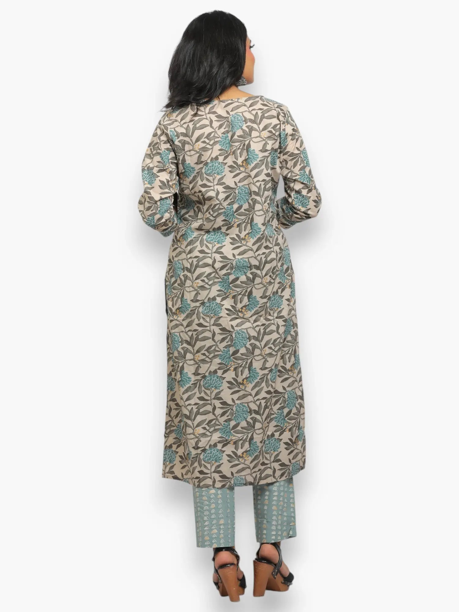 Jiarah Floral Print Pearl Handwork Cotton Kurta Set with Dupatta