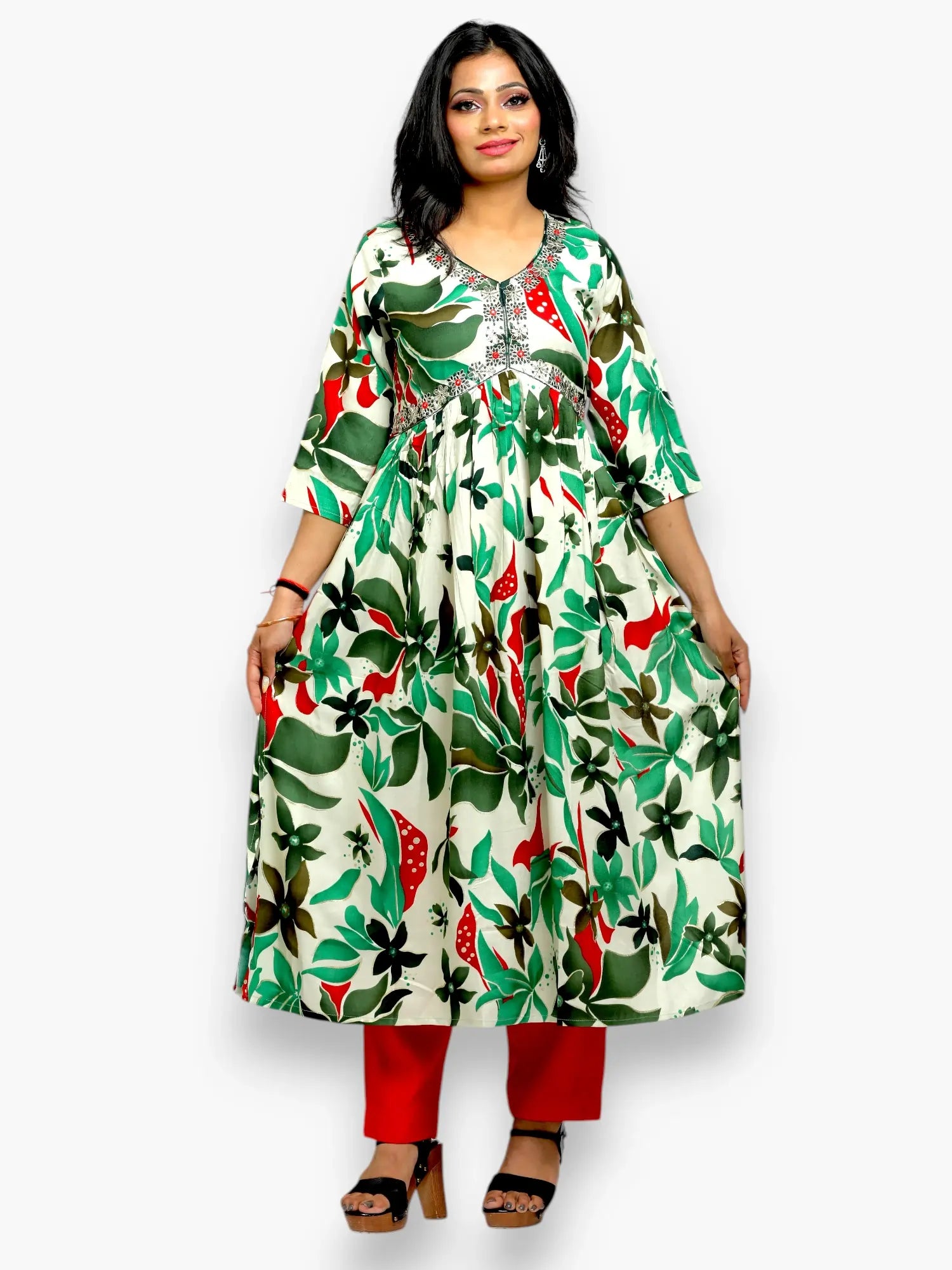 Jiarah Floral Print Sequins Work Paneled Rayon Kurta Pant Set