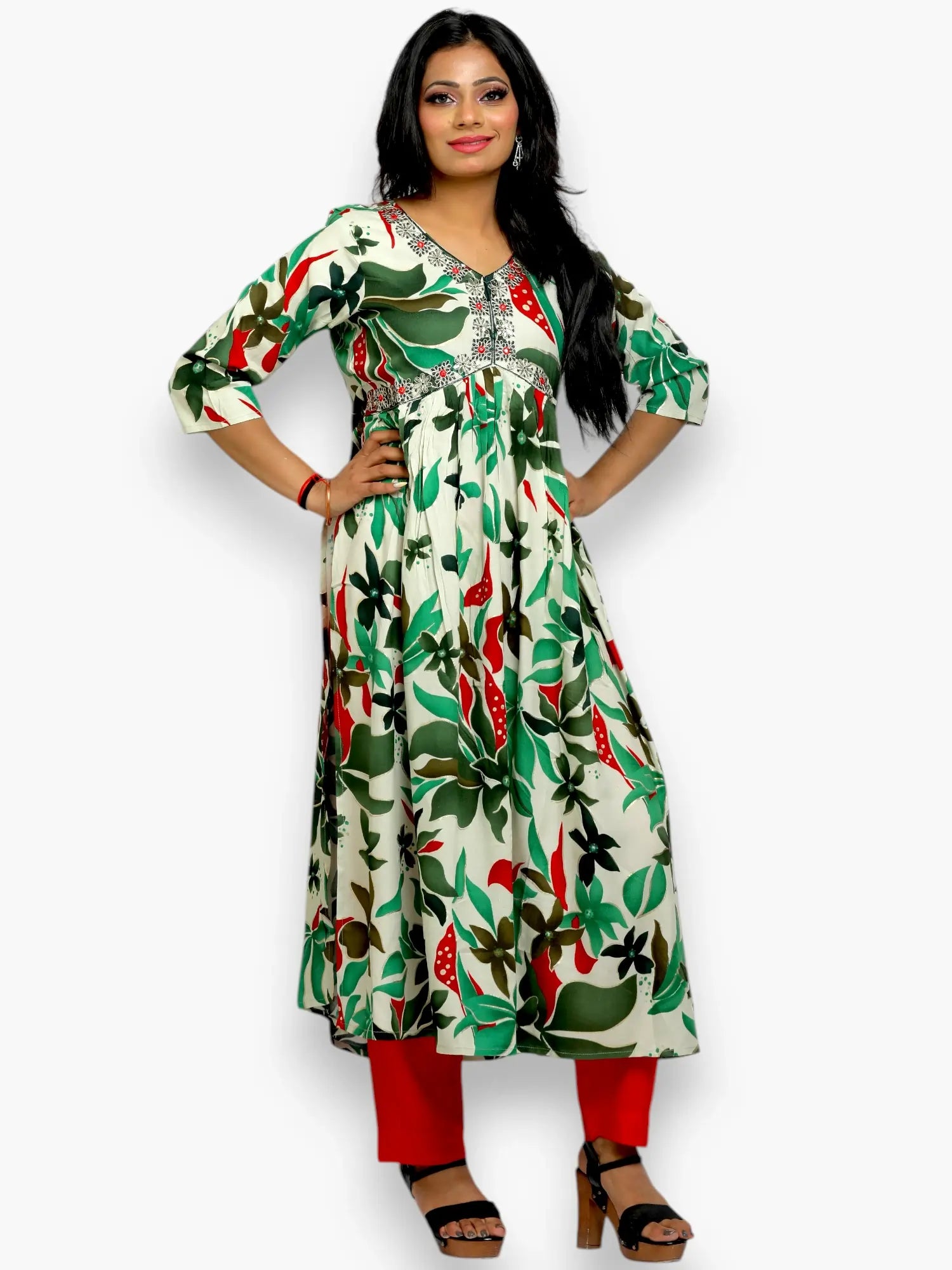 Jiarah Floral Print Sequins Work Paneled Rayon Kurta Pant Set