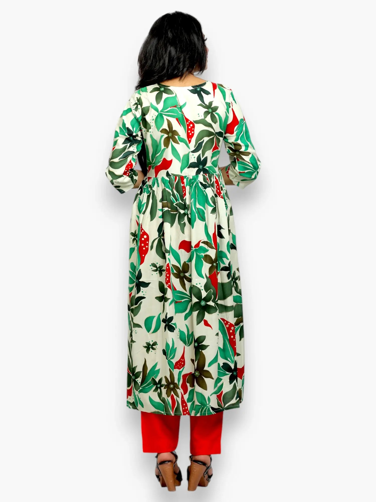 Jiarah Floral Print Sequins Work Paneled Rayon Kurta Pant Set