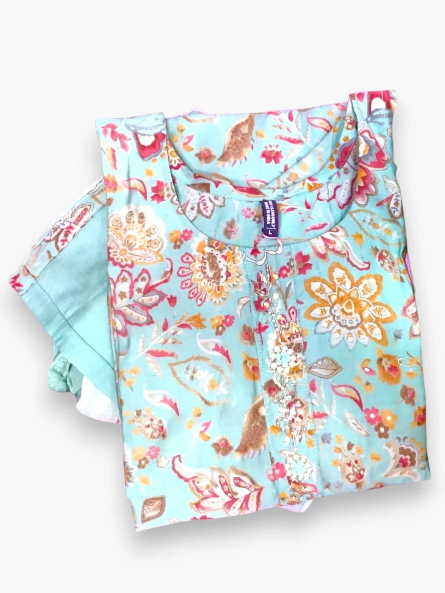 Jiarah Handwork Abstract Foil Print Muslin Light Blue Kurta Pant Set with Dupatta