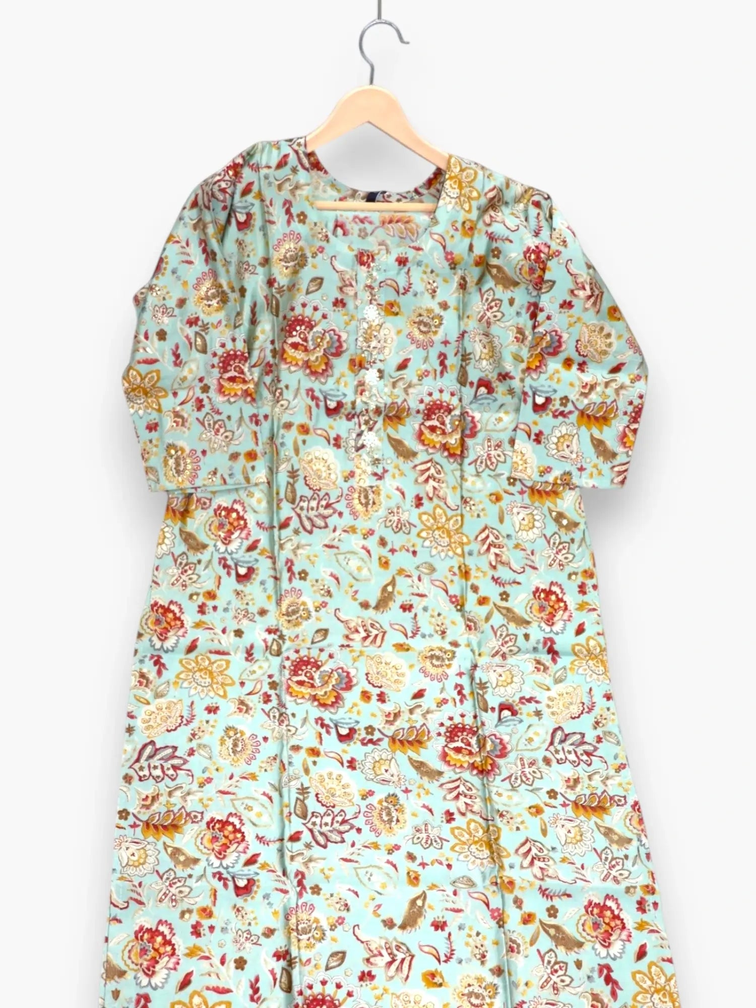 Jiarah Handwork Abstract Foil Print Muslin Light Blue Kurta Pant Set with Dupatta