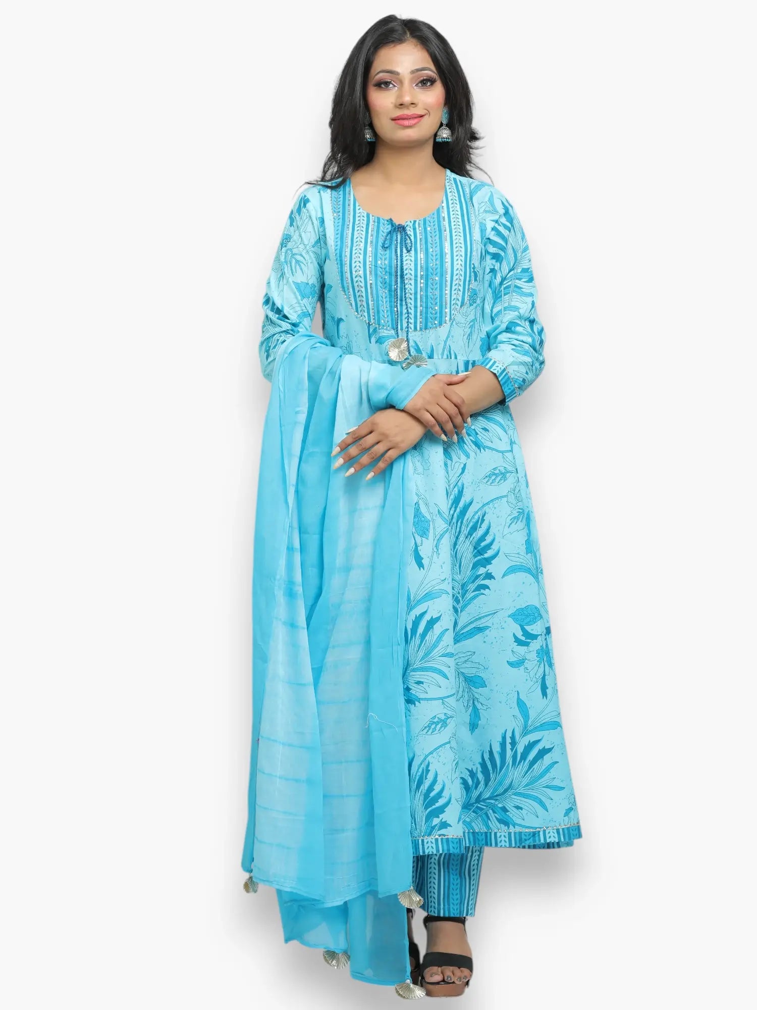 Jiarah Handwork Floral Print Anarkali Kurta Pant Set with Dupatta