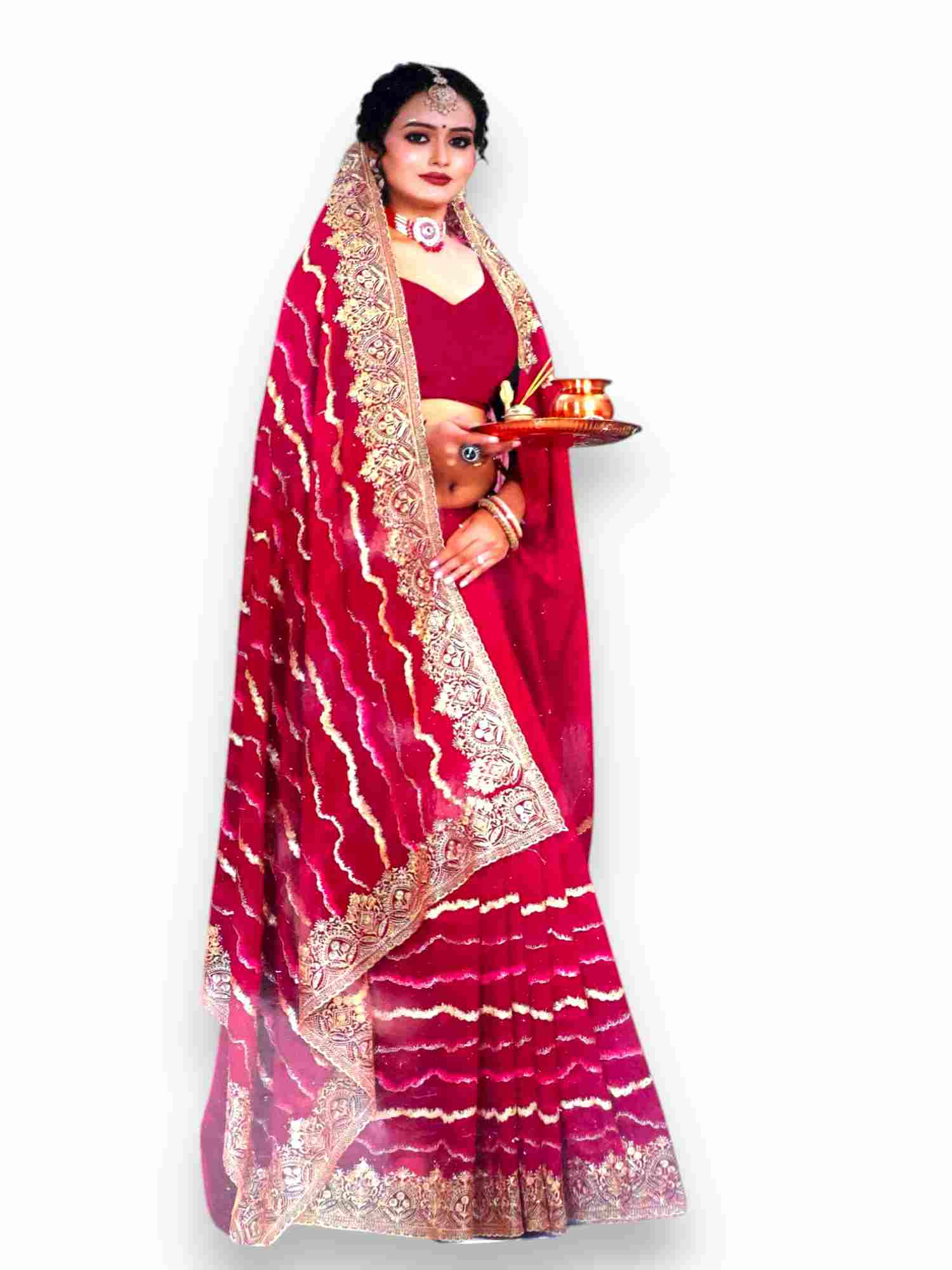 Jiarah Leheriya Embroidery Thread Work Bridal Chiffon Saree