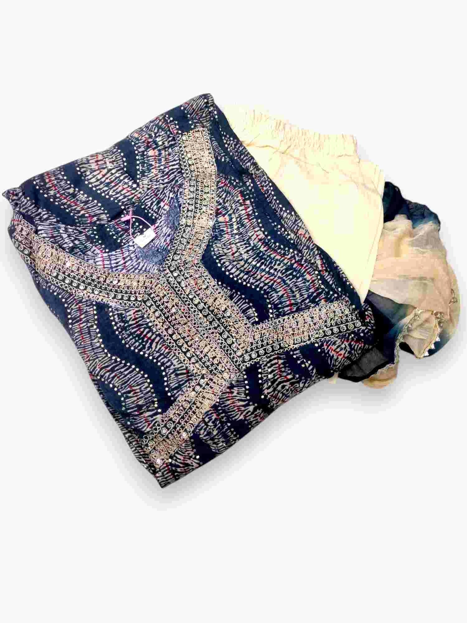 Jiarah Leheriya Foil Printed Sequins Work Paneled Kurta Pant Set With Dupatta Blue