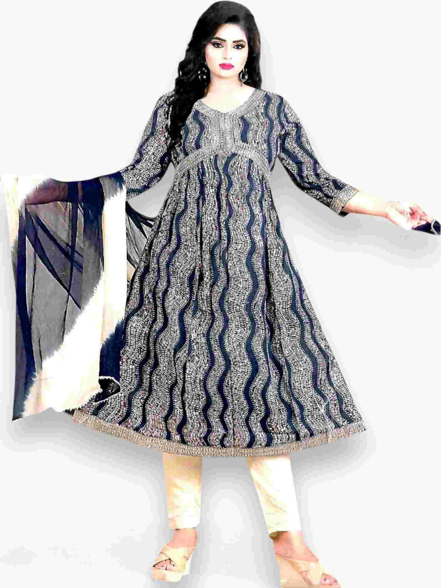 Jiarah Leheriya Foil Printed Sequins Work Paneled Kurta Pant Set With Dupatta Blue 1