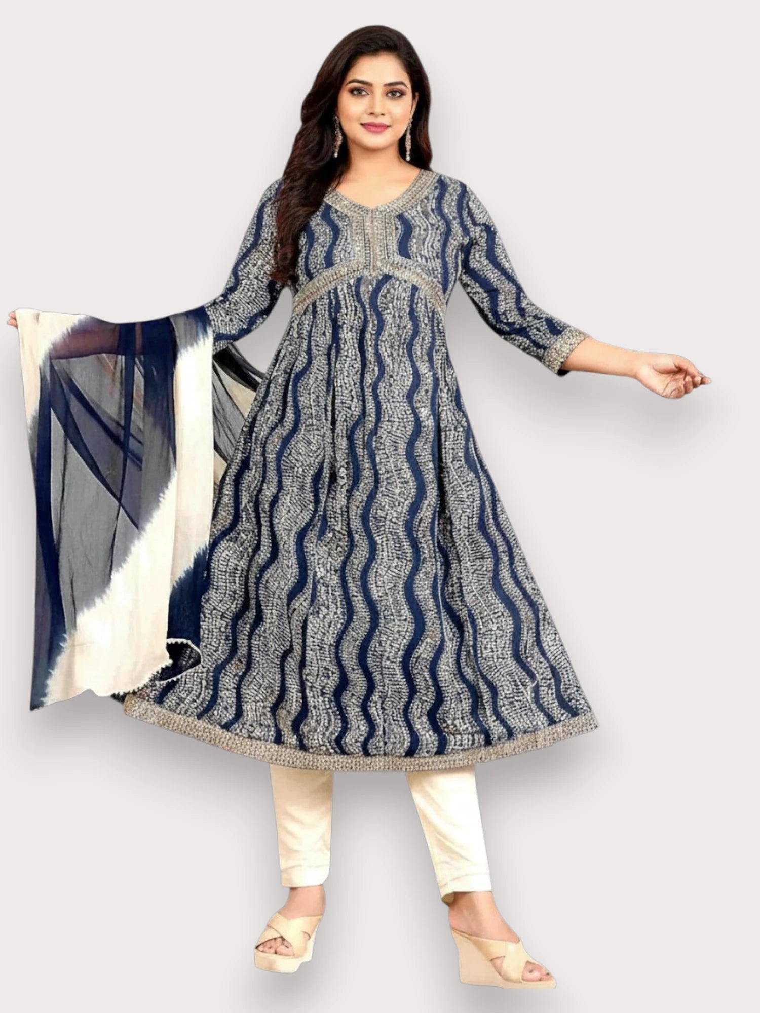 Jiarah Leheriya Foil Printed Sequins Work Paneled Kurta Pant Set With Dupatta