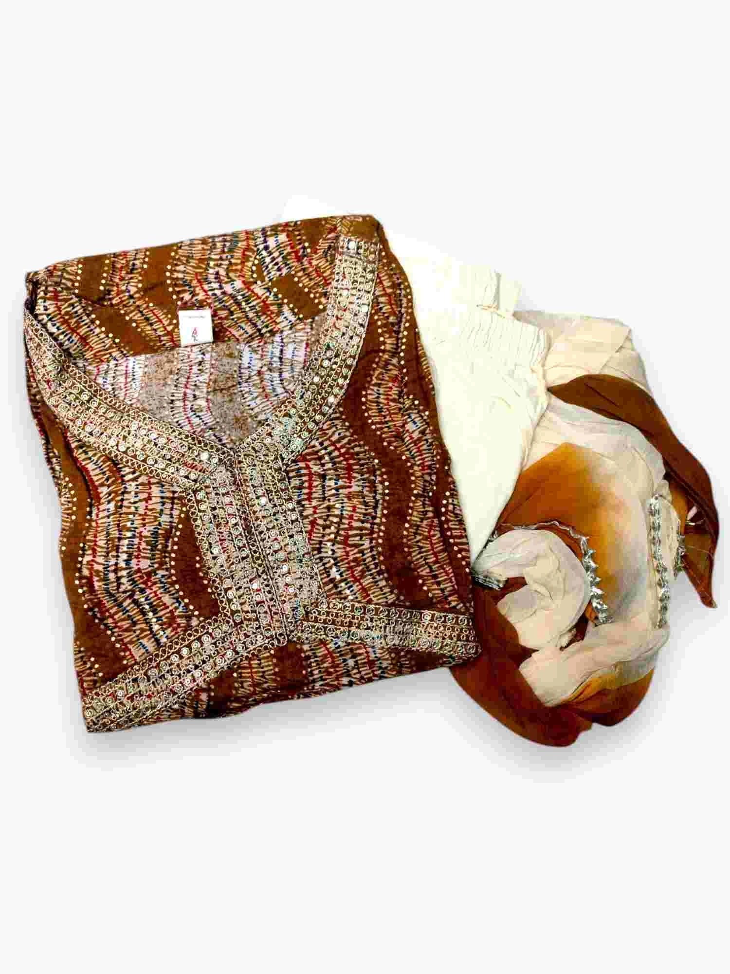 Jiarah Leheriya Foil Printed Sequins Work Paneled Kurta Pant Set With Dupatta Brown